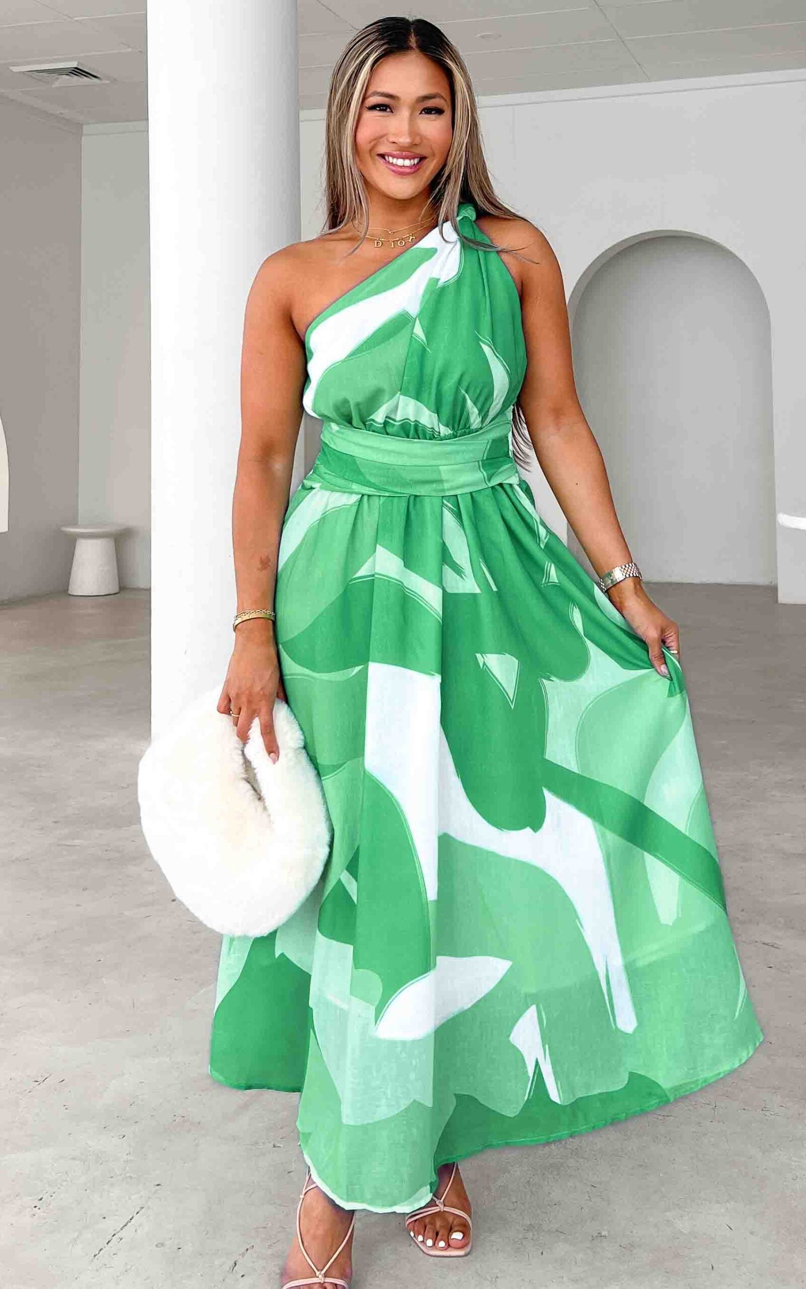 ADDISON KNOT ONE SHOULDER TWIST WAIST DETAIL MAXI DRESS - GREEN WHITE PRINT By Amica ADDISON KNOT ONE SHOULDER TWIST WAIST DETAIL MAXI DRESS - GREEN WHITE PRINT By Amica