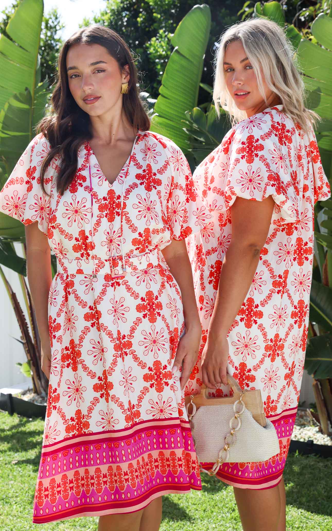 Anika Midi Dress - Cream Pink Multi Print