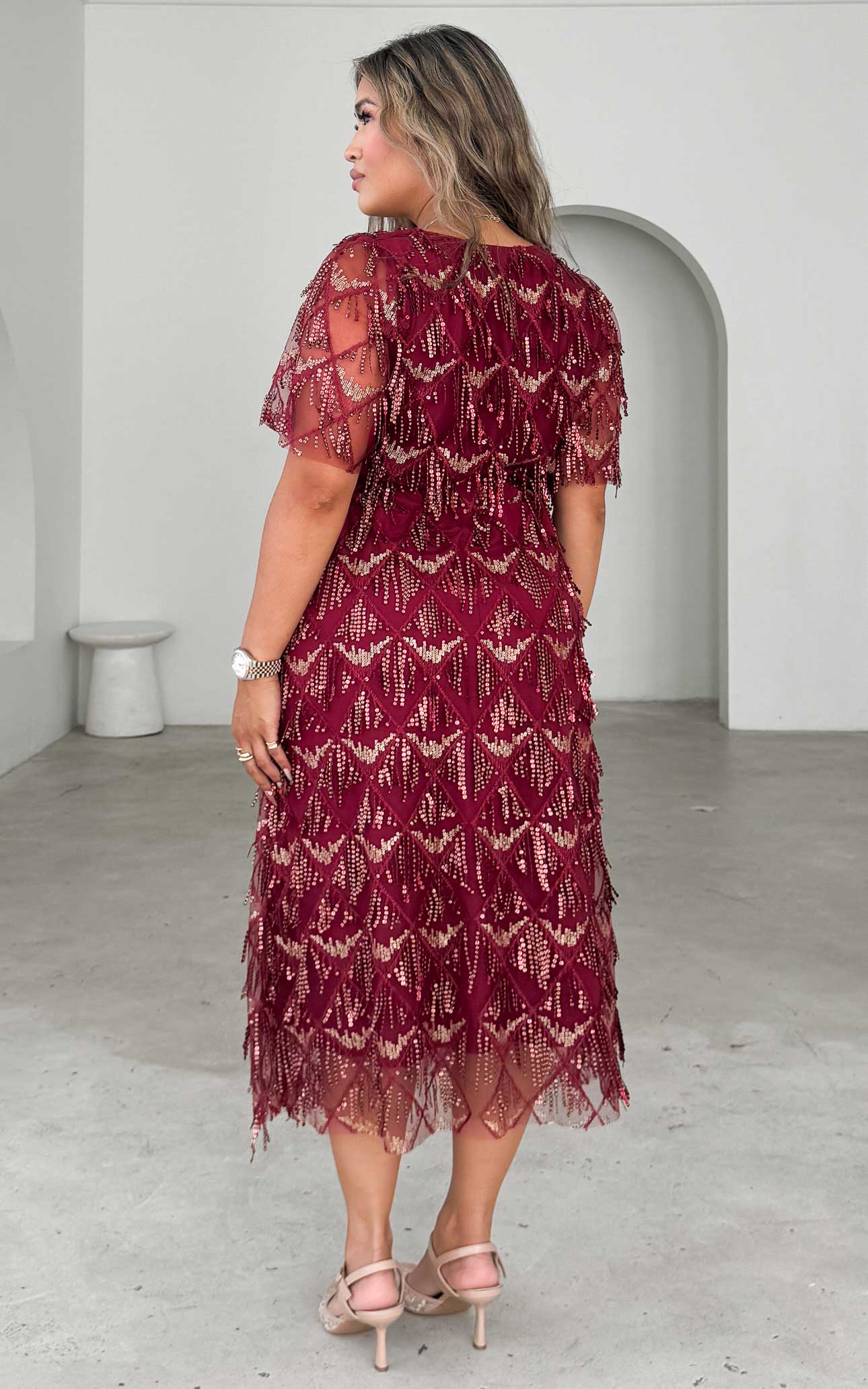 Arilyn Sequin Midi Dress - Wine Gold