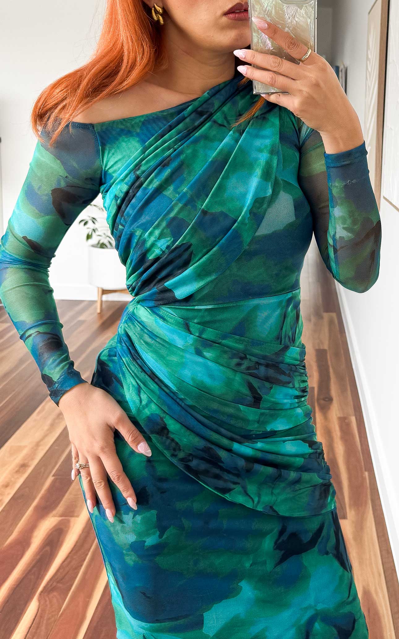 Benita Mesh Midi Dress - Green Blue Print
