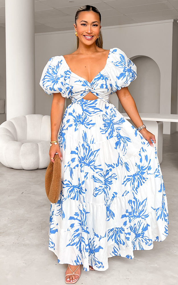 BRETTA SWEETHEART TWIST CUT OUT PUFF SLEEVE MAXI DRESS WHITE BLUE PRINT By Amica