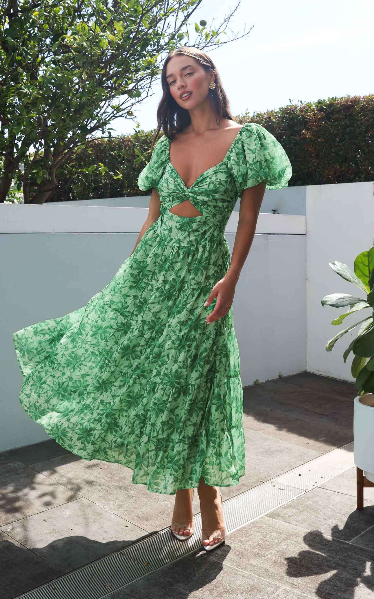 BRETTA SWEETHEART TWIST CUT OUT PUFF SLEEVE MAXI DRESS - DAISY GREEN FLORAL By Amica BRETTA SWEETHEART TWIST CUT OUT PUFF SLEEVE MAXI DRESS - DAISY GREEN FLORAL By Amica