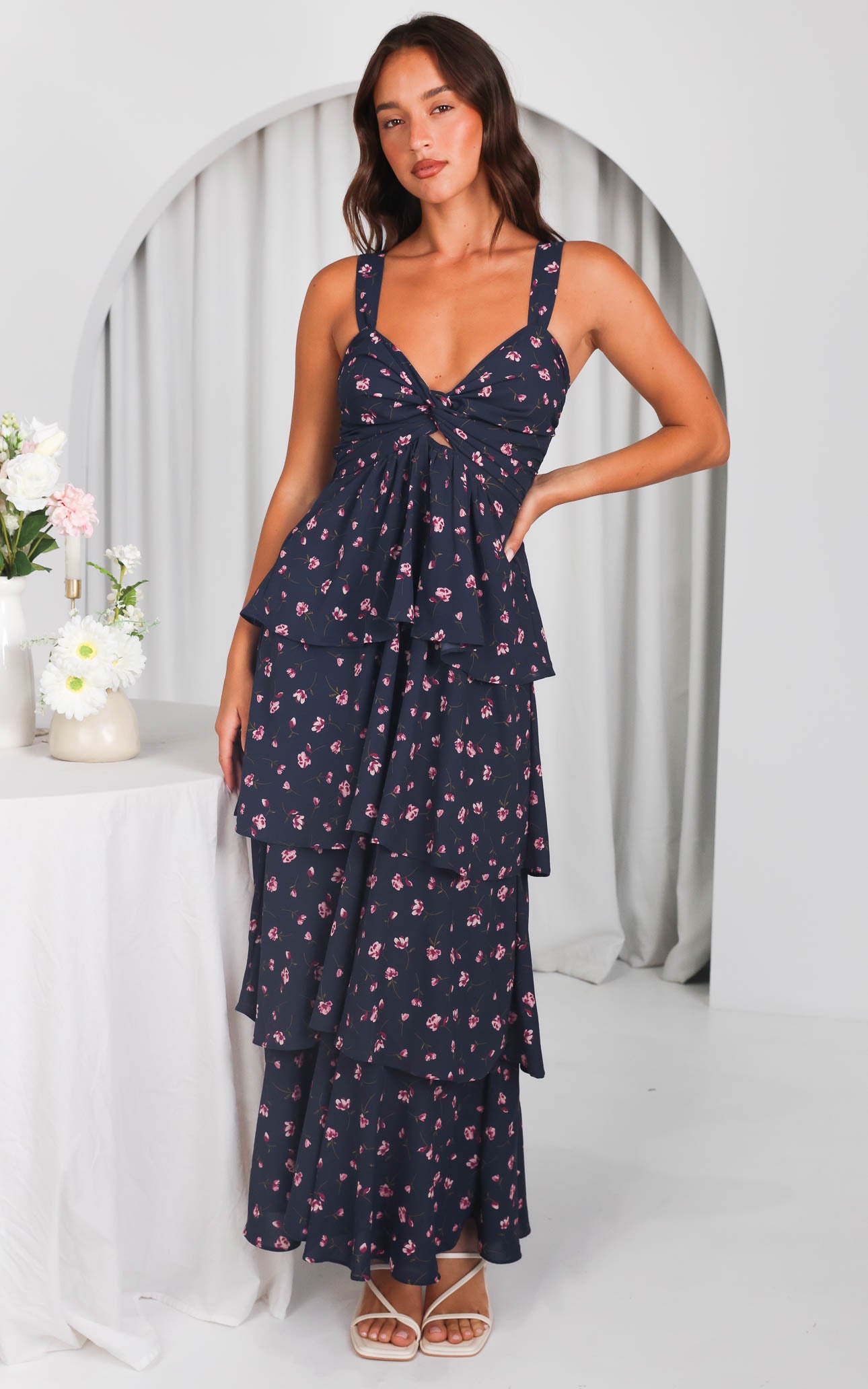 CHERIKA SWEETHEART TWIST CUT OUT THICK STRAPS TIERED MAXI DRESS - CHARCOAL NAVY FLORAL By Amica CHERIKA SWEETHEART TWIST CUT OUT THICK STRAPS TIERED MAXI DRESS - CHARCOAL NAVY FLORAL By Amica