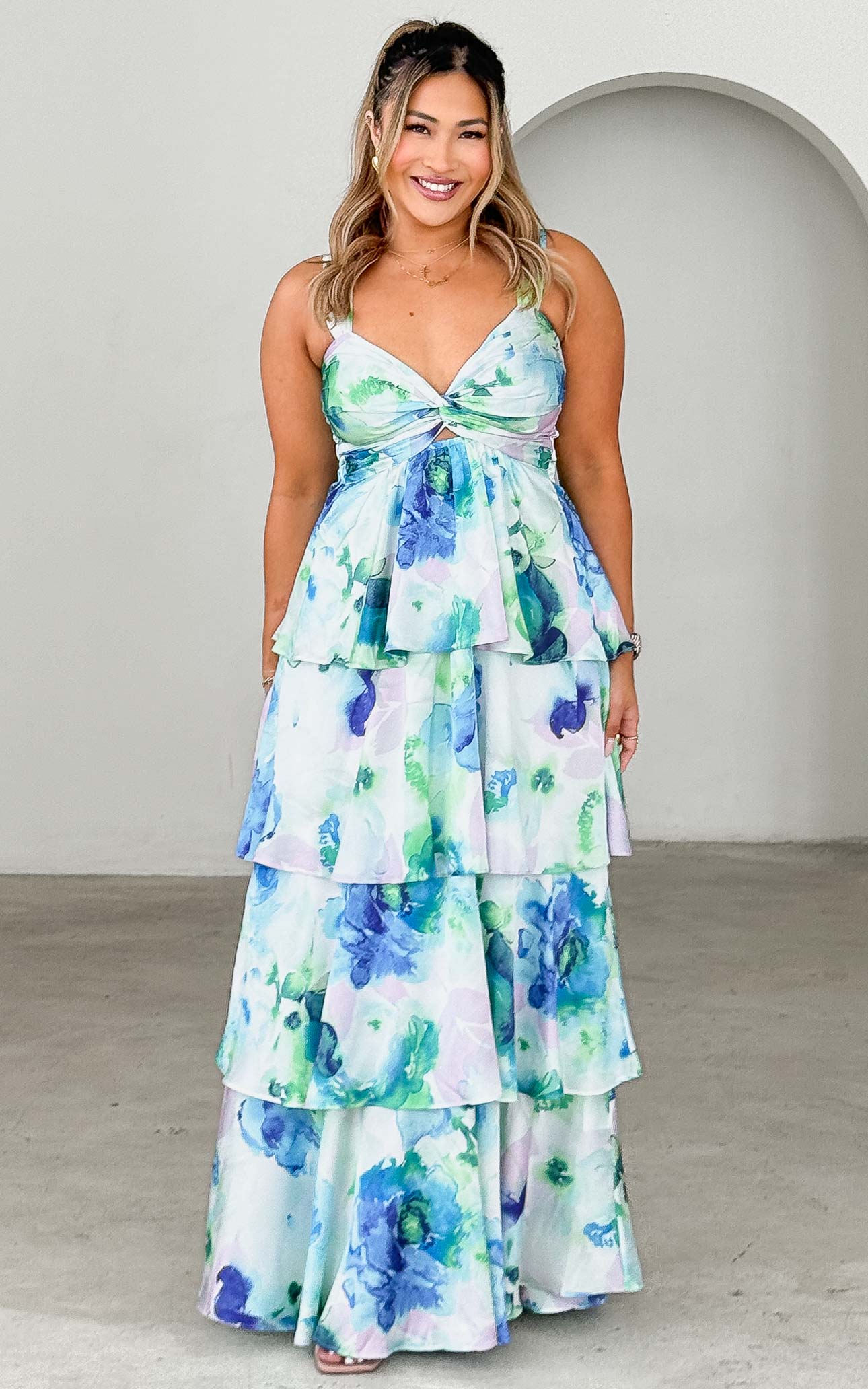 CHERIKA SWEETHEART TWIST CUT OUT THICK STRAPS TIERED MAXI DRESS - BLUE GREEN FLORAL By Amica CHERIKA SWEETHEART TWIST CUT OUT THICK STRAPS TIERED MAXI DRESS - BLUE GREEN FLORAL By Amica