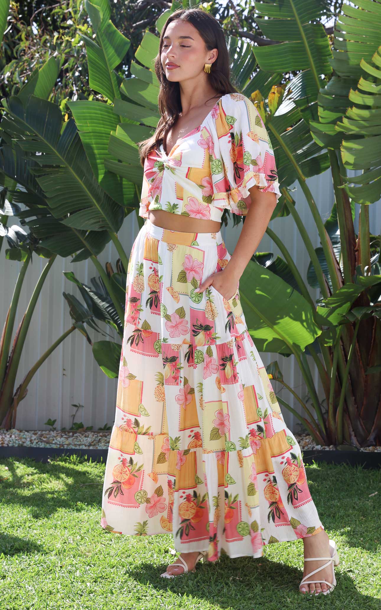 Odessey Maxi Skirt - White Pineapple Tropical Print