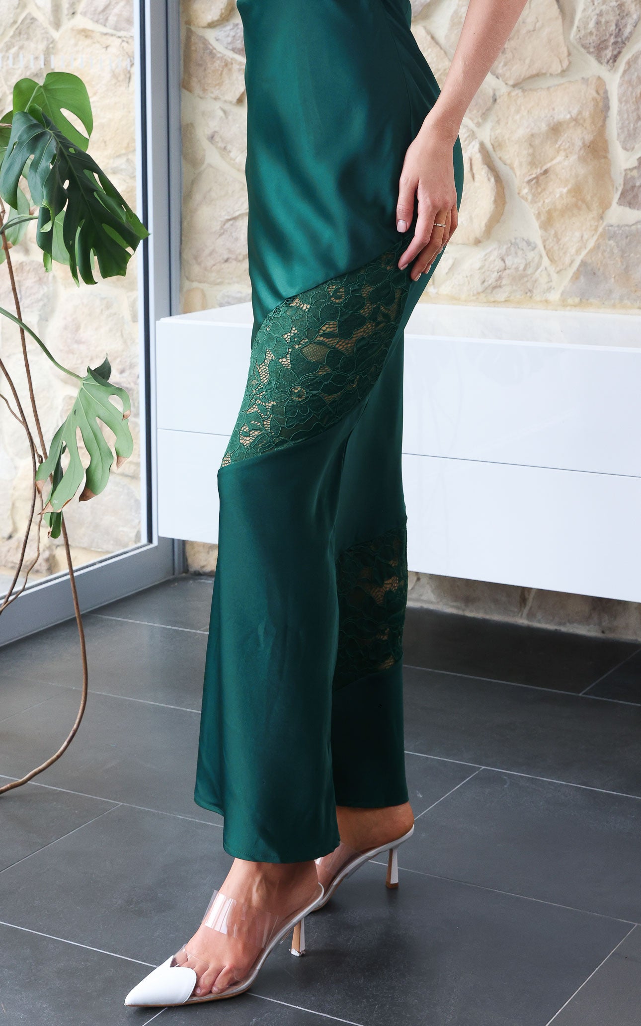 Delphine Diagonal Lace Panel Maxi Dress - Teal Green