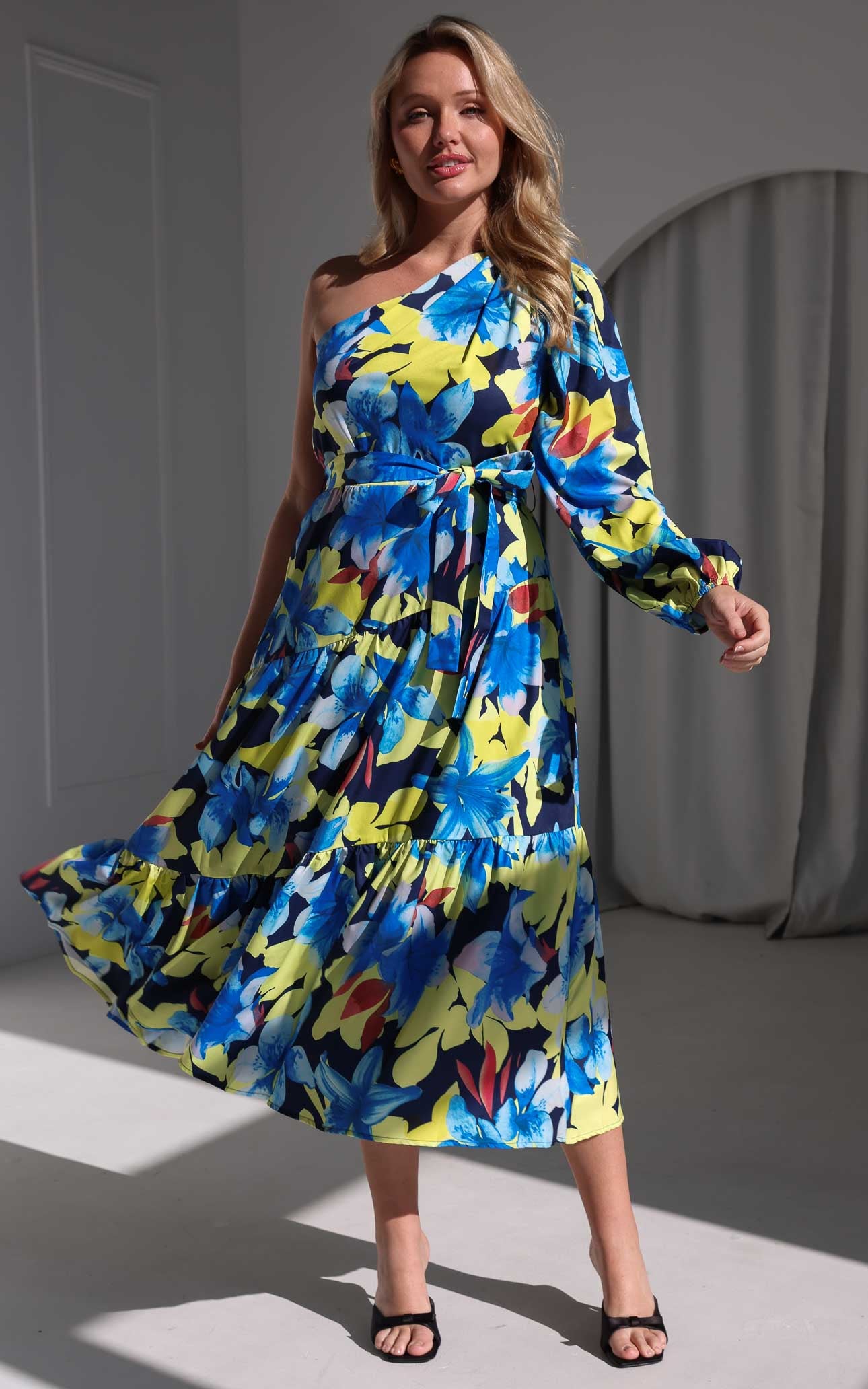 green and navy maxi dress Oddi Navy Floral Bubble Slv Smocked Bodice Maxi Dress main image 1