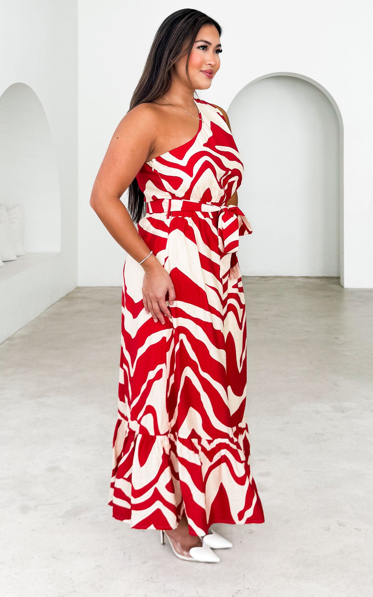 Devina Maxi Dress - Red Cream Abstract Print