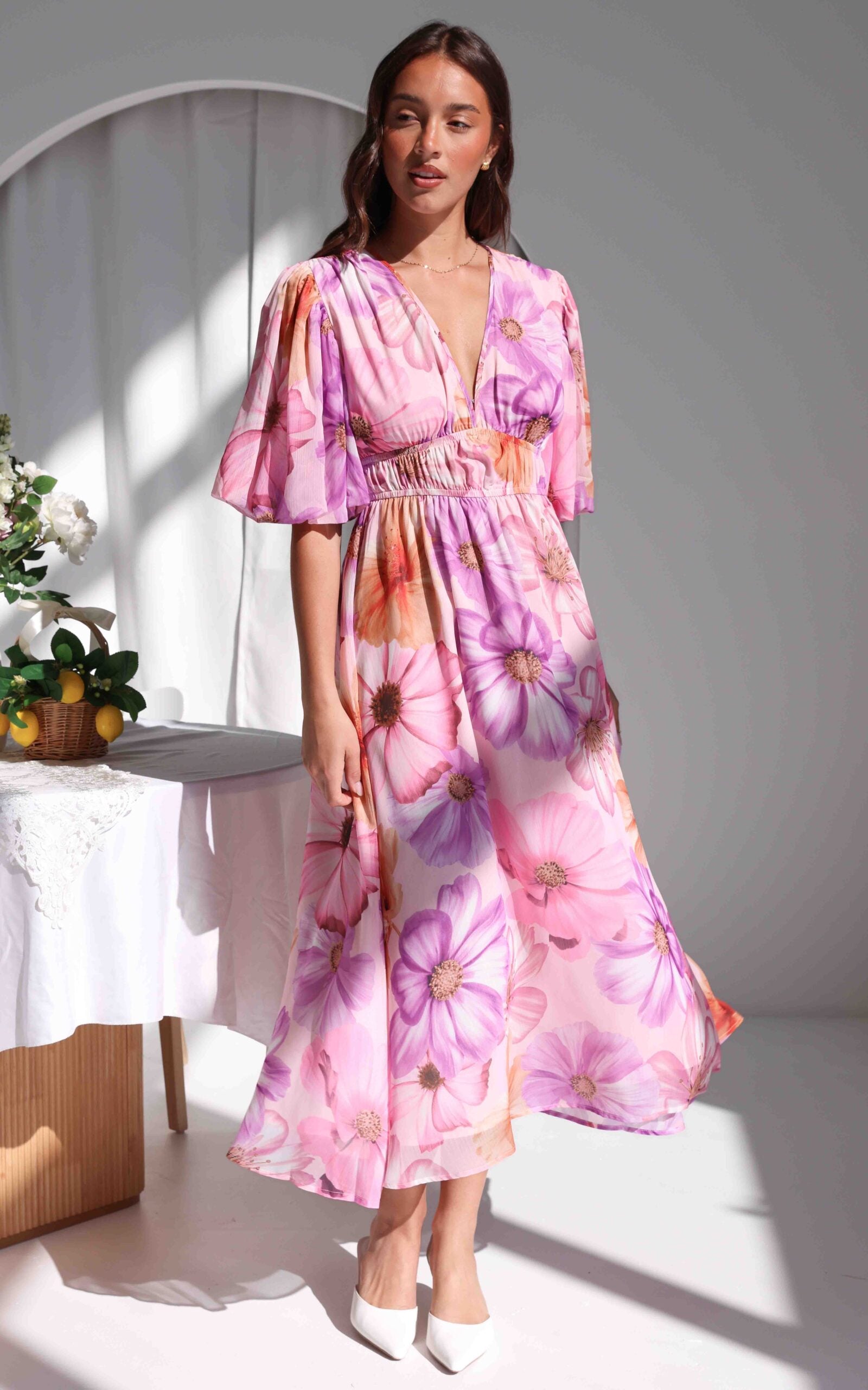 DIANA V NECK SHORT PUFF SLEEVE MAXI DRESS - PINK LILAC FLORAL By Amica DIANA V NECK SHORT PUFF SLEEVE MAXI DRESS - PINK LILAC FLORAL By Amica