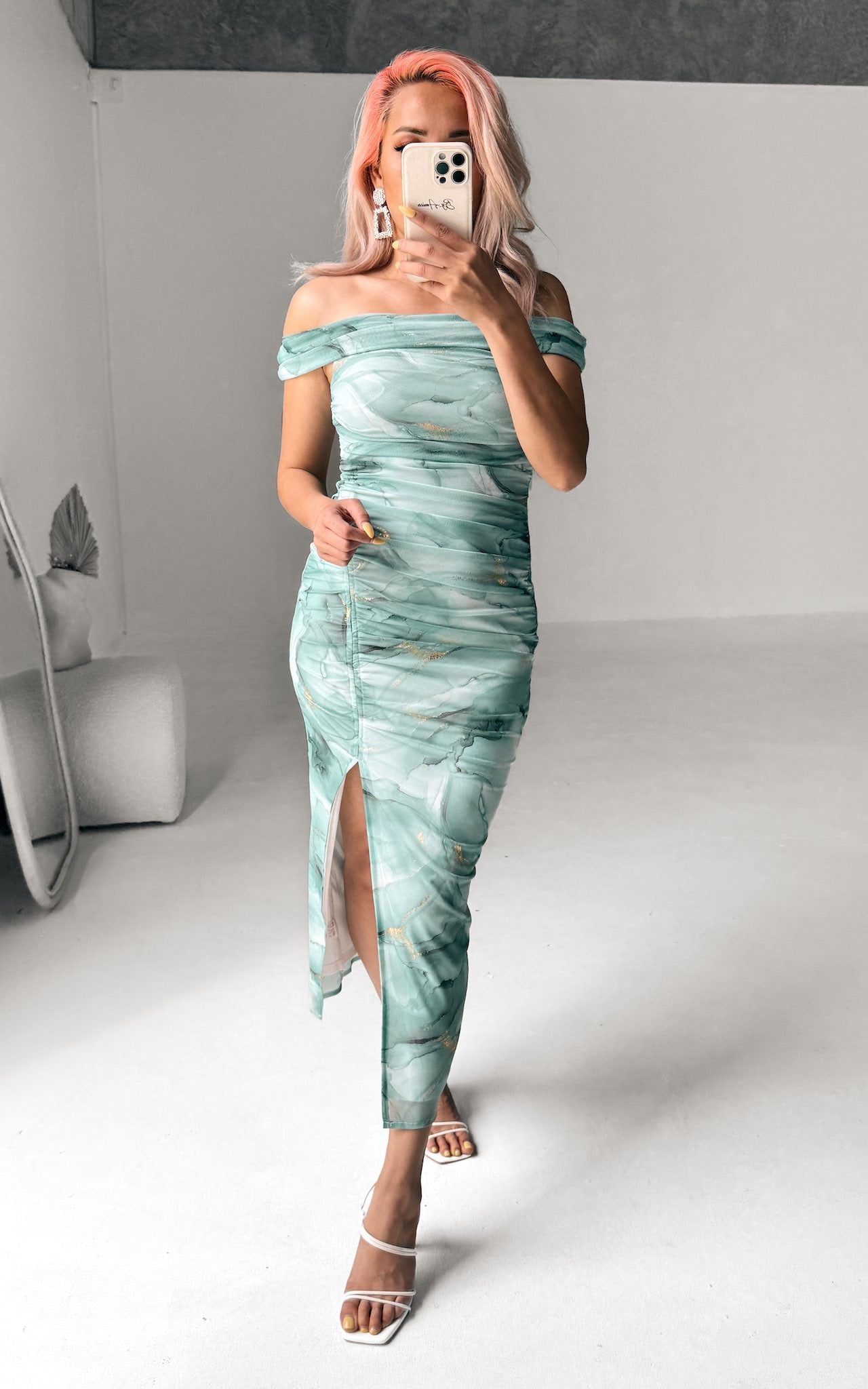 ELKA OFF SHOULDER OVERLAY DETAIL RUCHED SPLIT MESH BODYCON MIDI DRESS - GREEN GOLD MARBLE PRINT By Amica ELKA OFF SHOULDER OVERLAY DETAIL RUCHED SPLIT MESH BODYCON MIDI DRESS - GREEN GOLD MARBLE PRINT By Amica