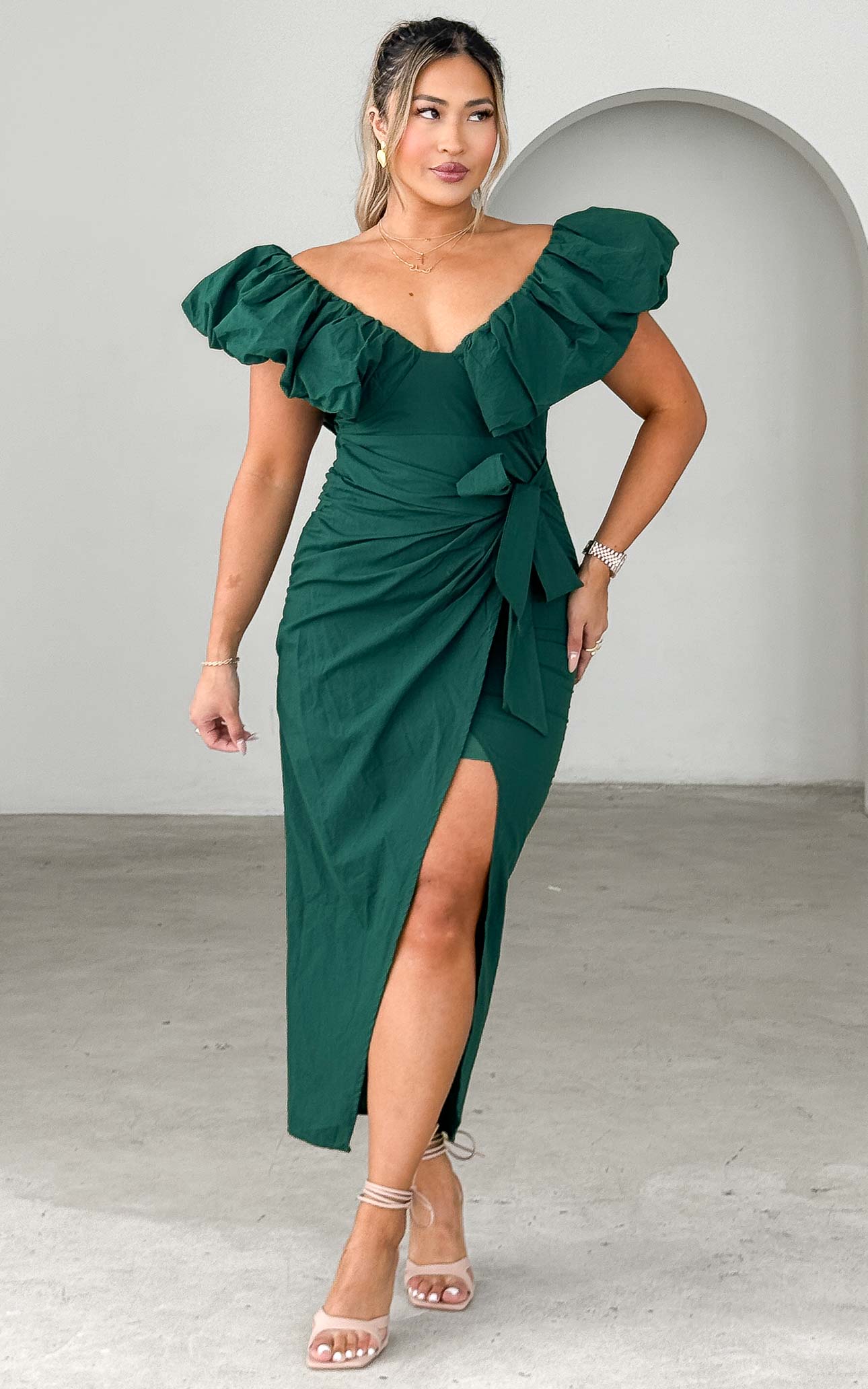 ELSIE PUFF STATEMENT DEEP V AND SLEEVE WRAP OVERLAY MIDI DRESS - EMERALD GREEN By Amica ELSIE PUFF STATEMENT DEEP V AND SLEEVE WRAP OVERLAY MIDI DRESS - EMERALD GREEN By Amica
