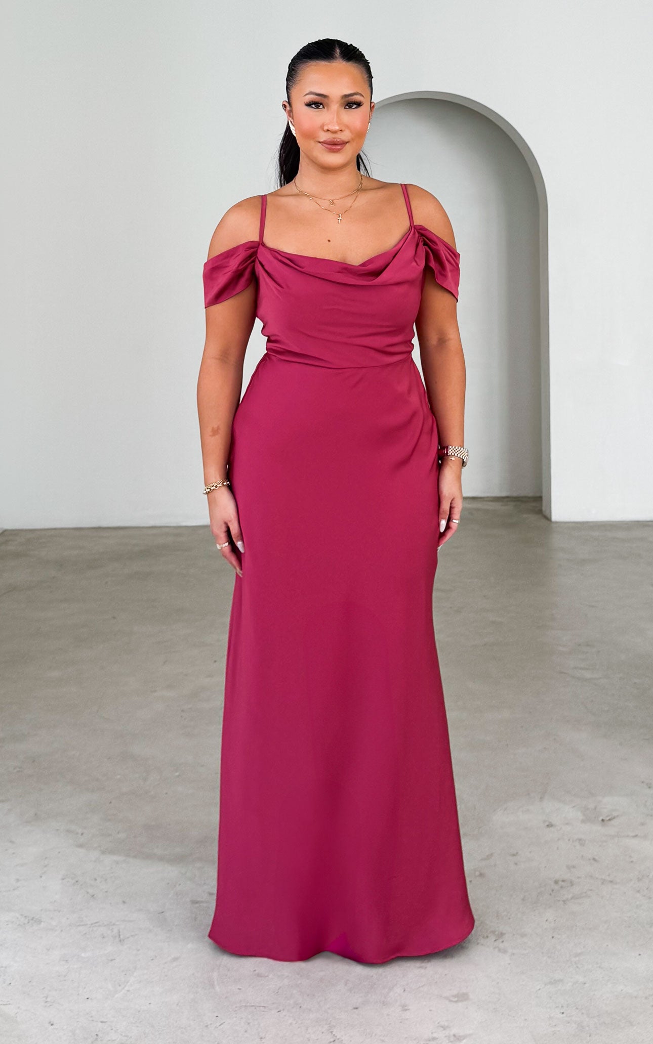 off shoulder slim strap dress EVANGELISTA COWL NECK OFF SHOULDER SLEEVES THIN STRAP TIE UP BACK MAXI DRESS
