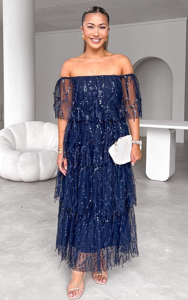 FANTANGO OFF SHOULDER TIERED MAXI DRESS - NAVY SEQUIN By Amica FANTANGO OFF SHOULDER TIERED MAXI DRESS - NAVY SEQUIN By Amica