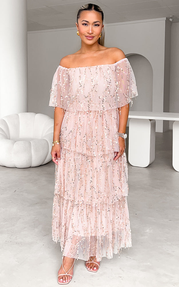FANTANGO OFF SHOULDER TIERED MAXI DRESS - BEIGE GOLD SEQUIN By Amica FANTANGO OFF SHOULDER TIERED MAXI DRESS - BEIGE GOLD SEQUIN By Amica