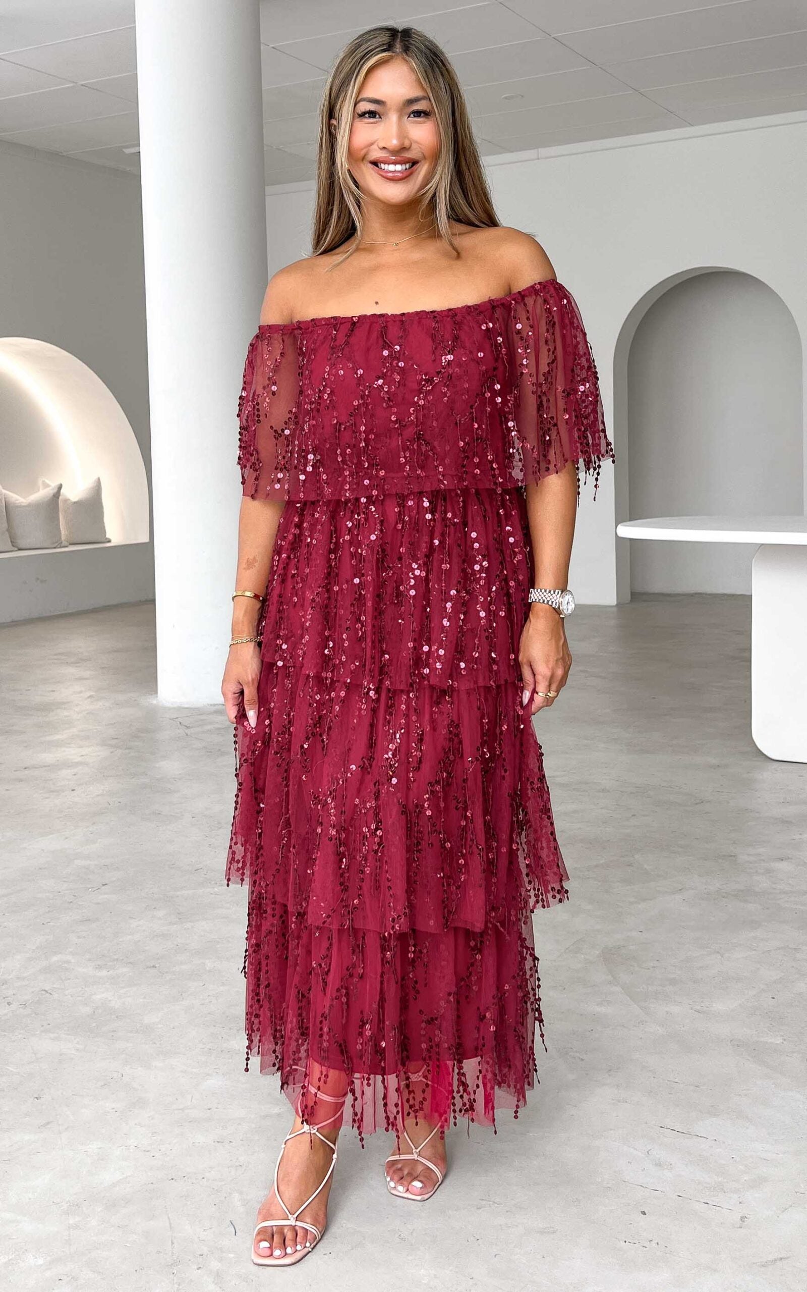 FANTANGO OFF SHOULDER TIERED MAXI DRESS - WINE SEQUIN By Amica FANTANGO OFF SHOULDER TIERED MAXI DRESS - WINE SEQUIN By Amica
