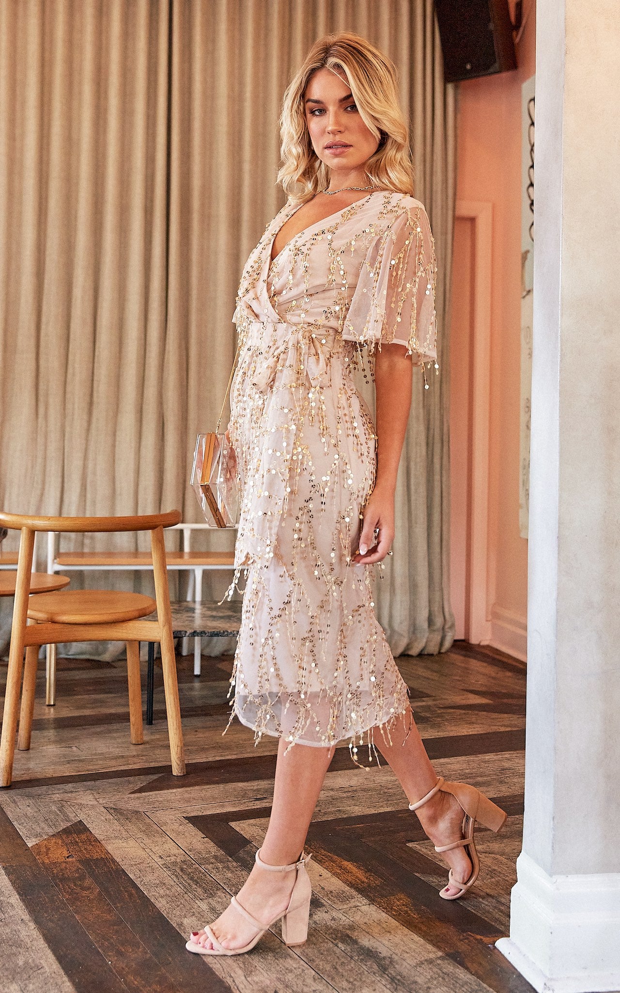 FIREWORKS V NECK SHORT SLEEVE SEQUIN MIDI DRESS BEIGE GOLD – By