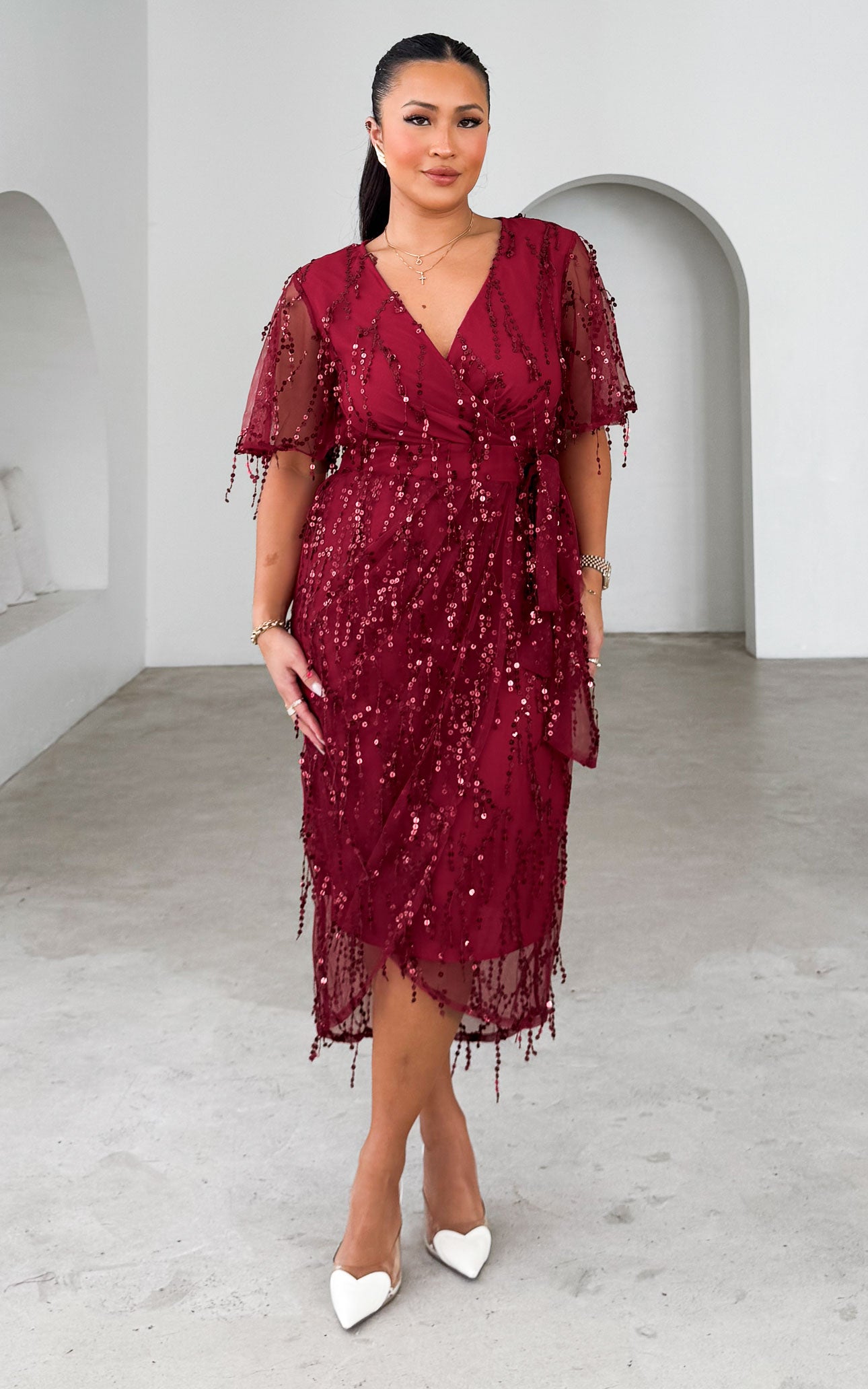 Fireworks Sequin Midi Dress - Wine