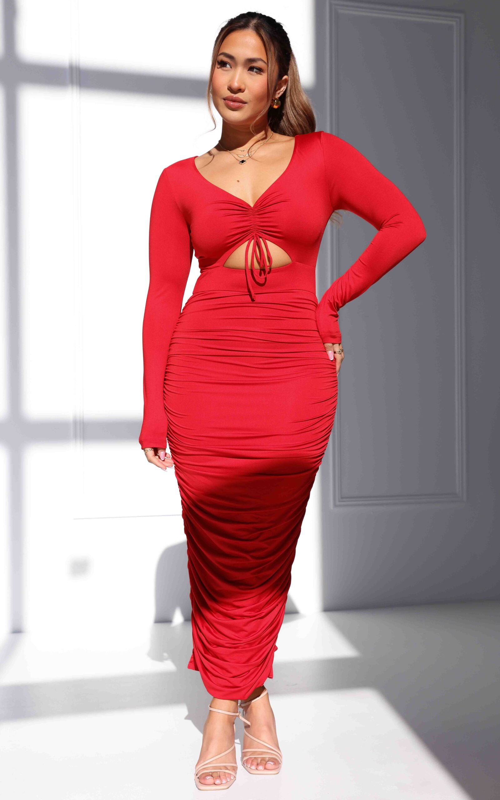 FRANKIE CUT OUT DRAWSTRING LONG SLEEVE RUCHED BODYCON MIDI DRESS - LIPSTICK RED By Amica FRANKIE CUT OUT DRAWSTRING LONG SLEEVE RUCHED BODYCON MIDI DRESS - LIPSTICK RED By Amica