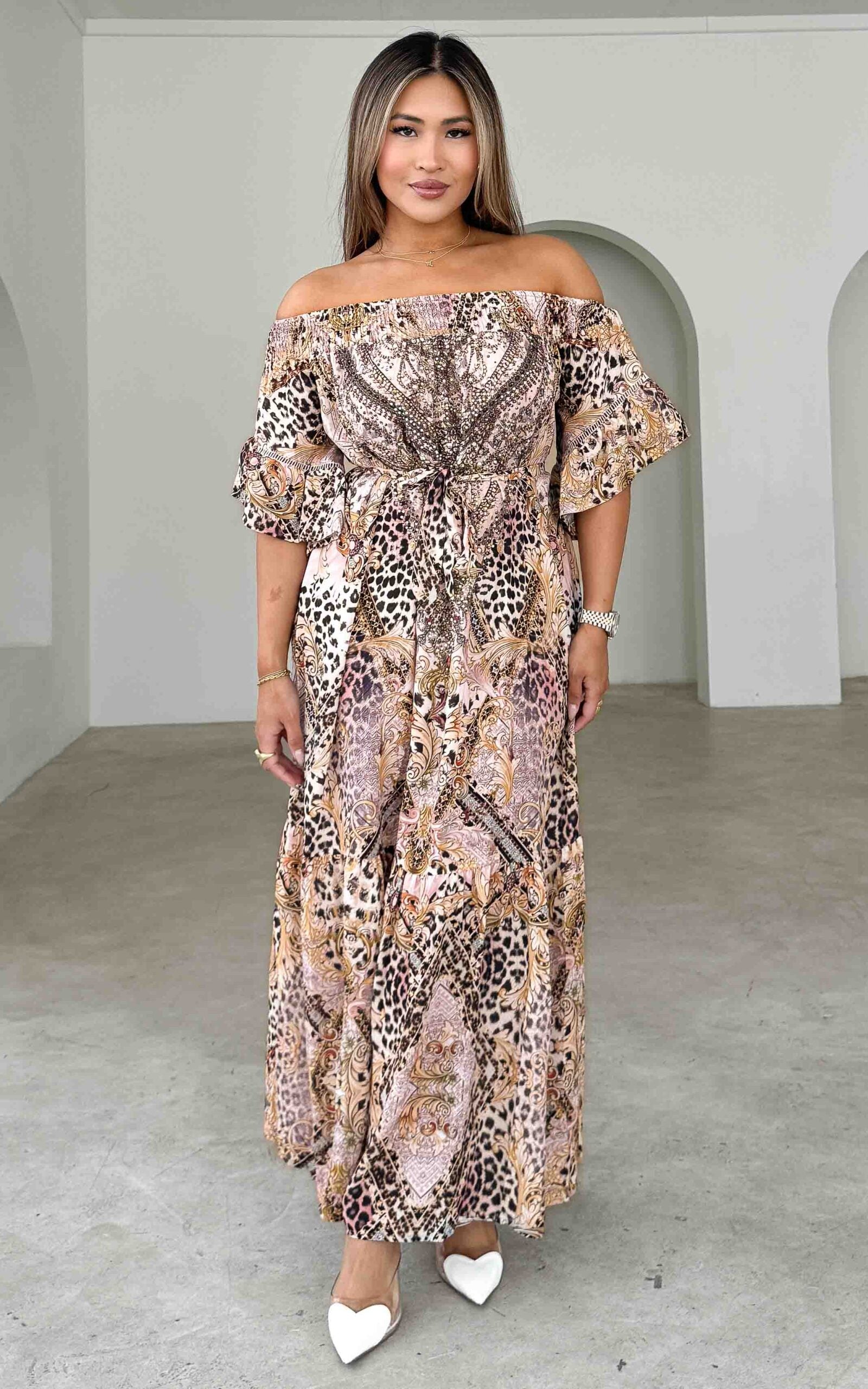GAMELA OFF SHOULDER SHORT SLEEVE GEM EMBELLISHED MAXI DRESS - BEIGE LEOPARD MULTI PRINT By Amica GAMELA OFF SHOULDER SHORT SLEEVE GEM EMBELLISHED MAXI DRESS - BEIGE LEOPARD MULTI PRINT By Amica