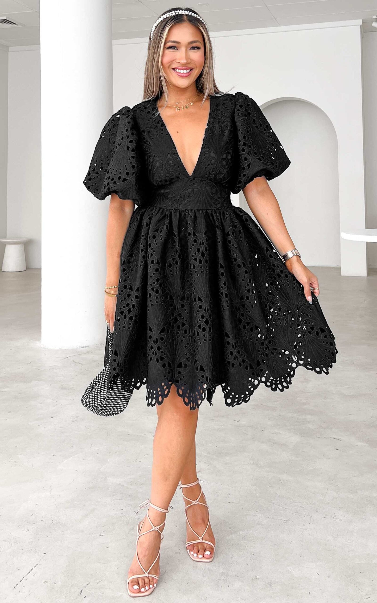 HAZELLE V NECK PUFF SLEEVE LACE DRESS - BLACK By Amica HAZELLE V NECK PUFF SLEEVE LACE DRESS - BLACK By Amica