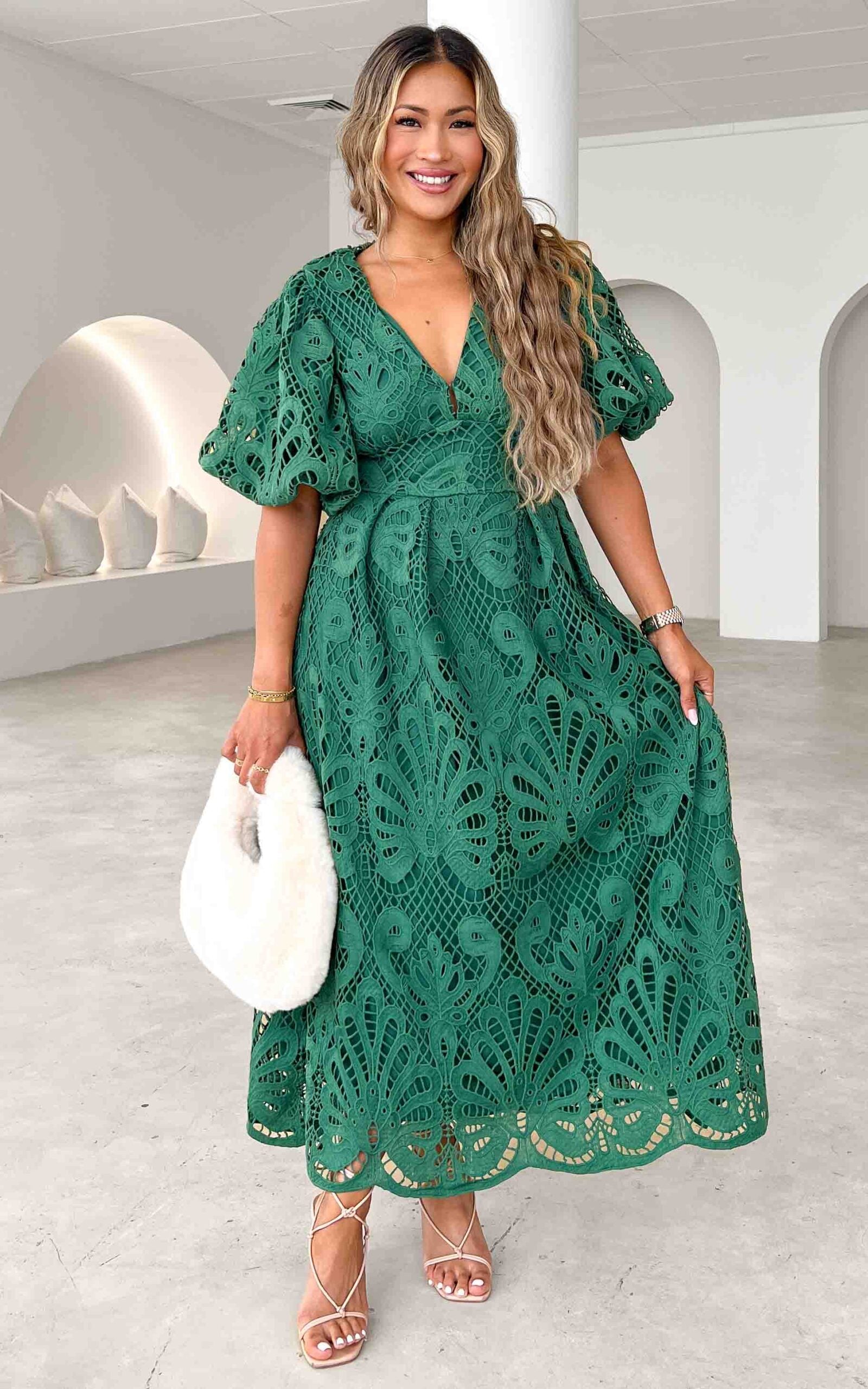 HAZELLE V NECK PUFF SLEEVE LACE MAXI DRESS - EMERALD GREEN By Amica HAZELLE V NECK PUFF SLEEVE LACE MAXI DRESS - EMERALD GREEN By Amica