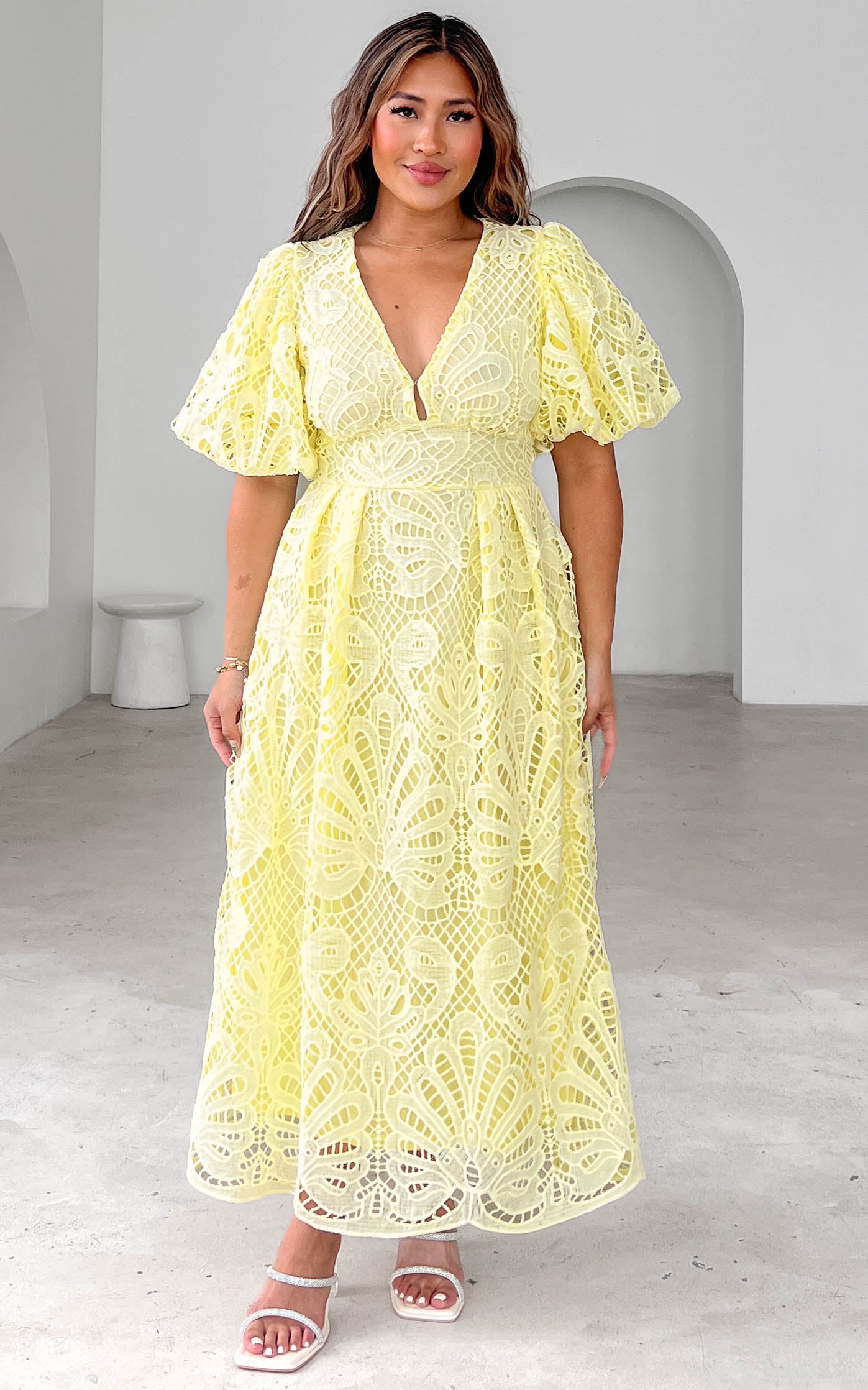 HAZELLE V NECK PUFF SLEEVE LACE MAXI DRESS - LEMON YELLOW By Amica HAZELLE V NECK PUFF SLEEVE LACE MAXI DRESS - LEMON YELLOW By Amica