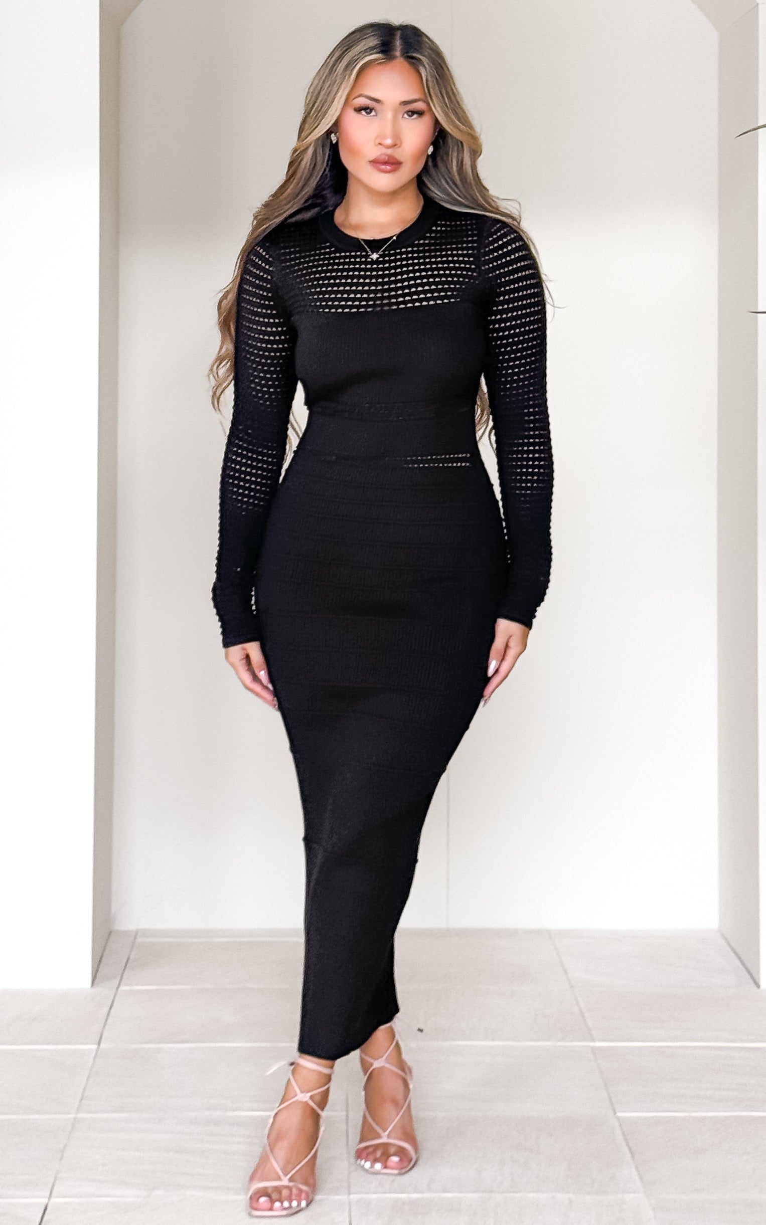 Bodycon Dress Ribbed Knit Dress Long Sleeve Women's Brown Midi