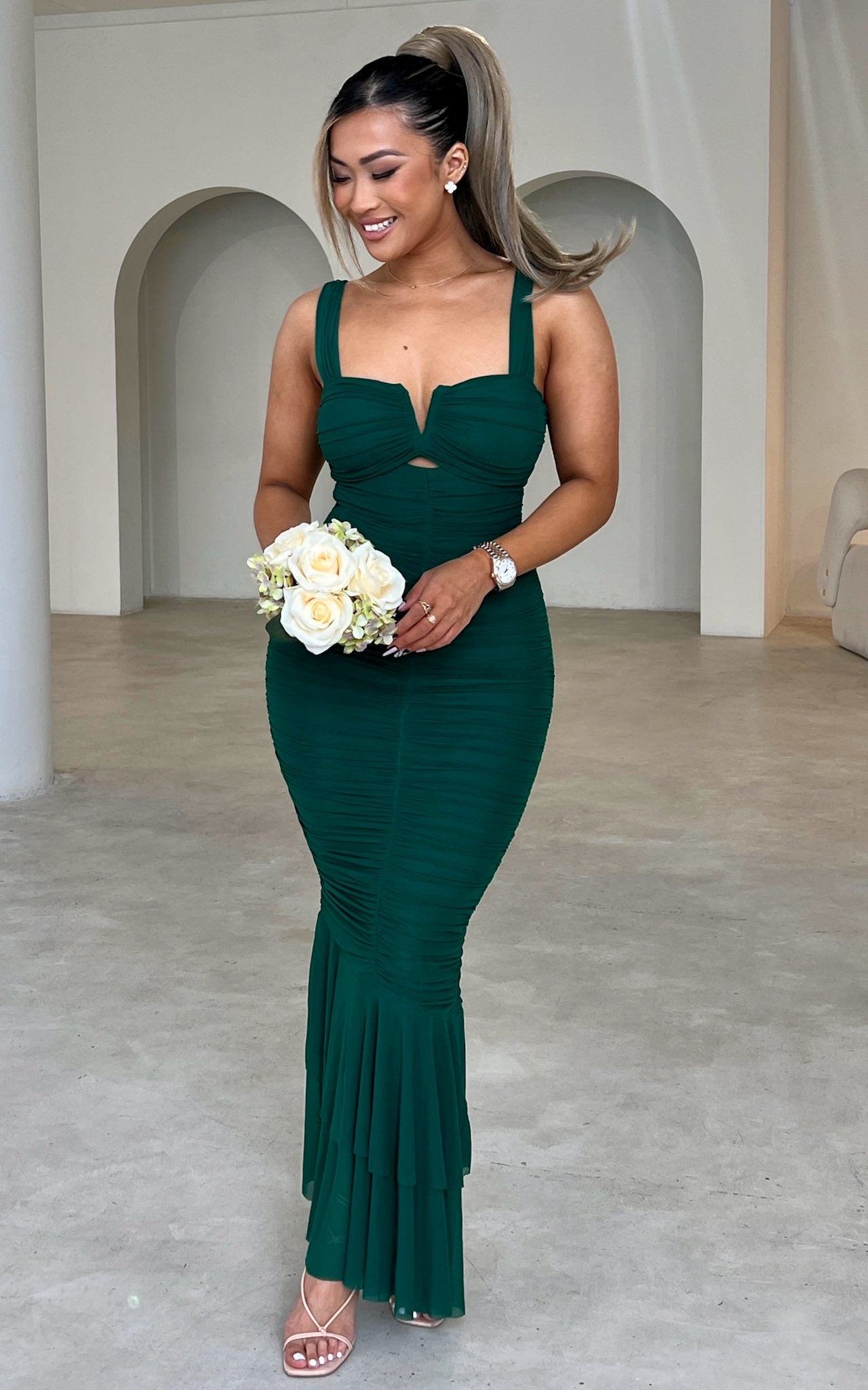 HIGHLAND V NECK FRONT CUT OUT DETAIL TIERED FRILL FISHTAIL MESH