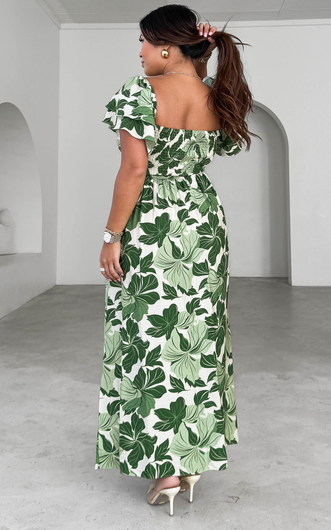 In The Sky Maxi Dress - White Green Leaf