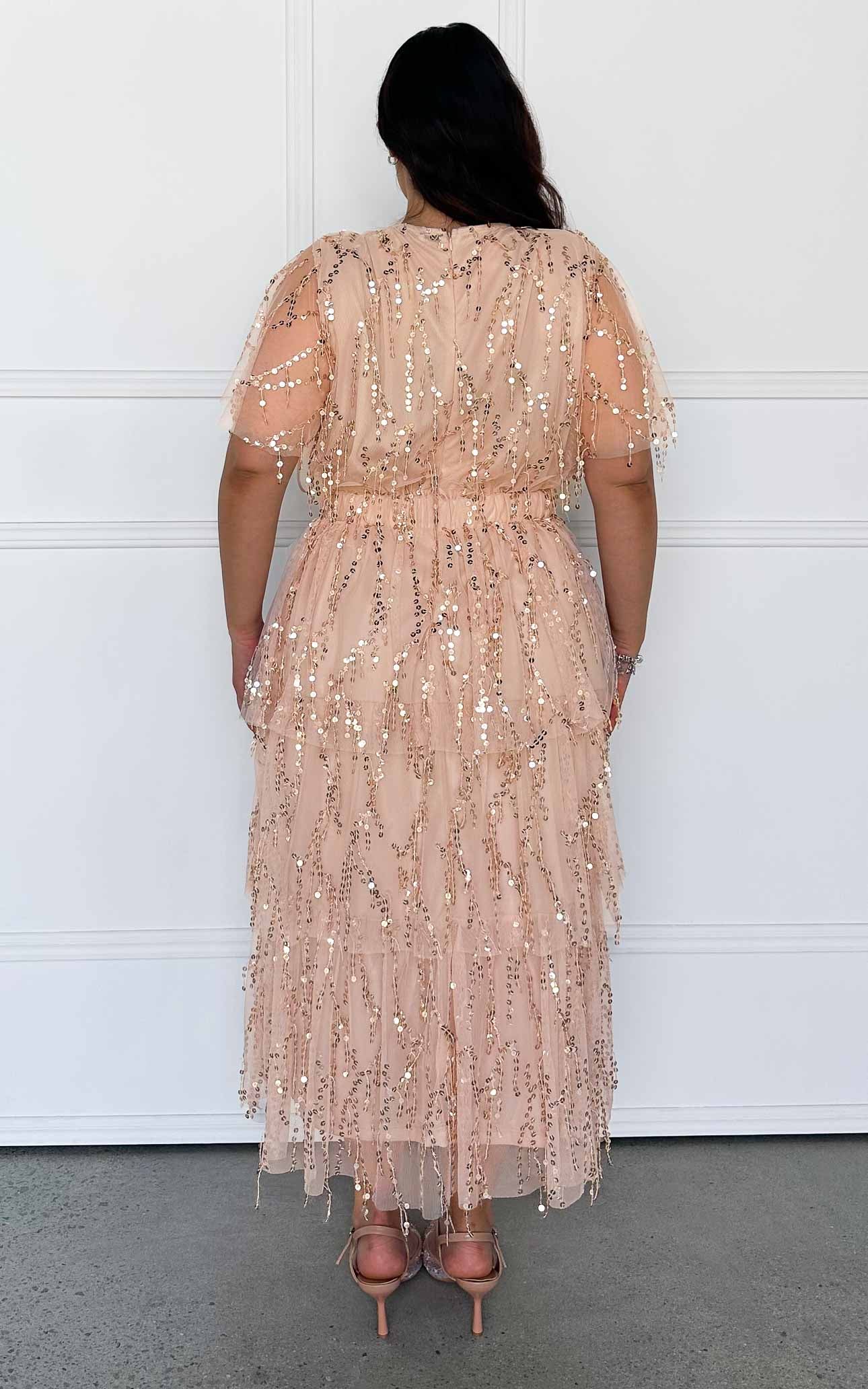 Irisa Sequin Maxi Dress - Beige Gold