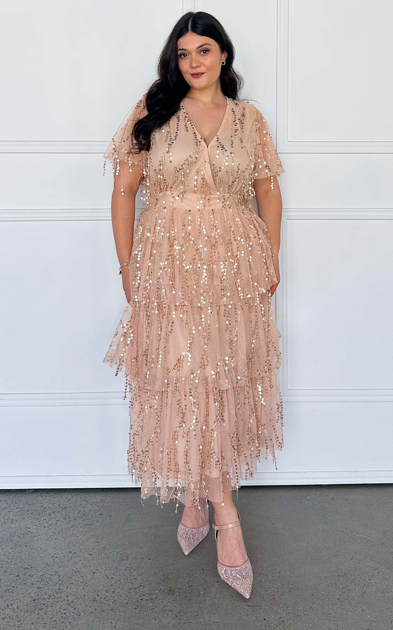 beige sequin maxi dress 4th & Reckless sequin square neck cami maxi dress in beige
