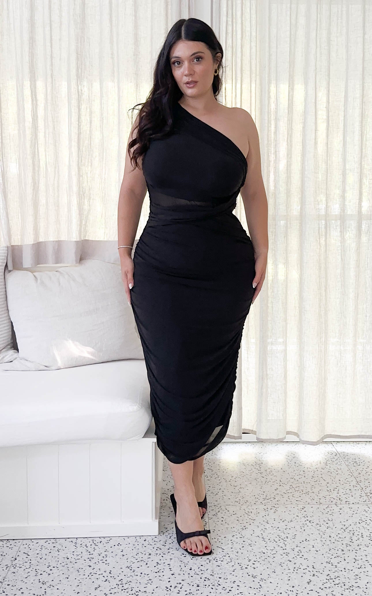 isola midi dress ISOLA ONE SHOULDER SLEEVELESS SHEER CUT OUT DETAIL MESH BODYCON MIDI DRESS