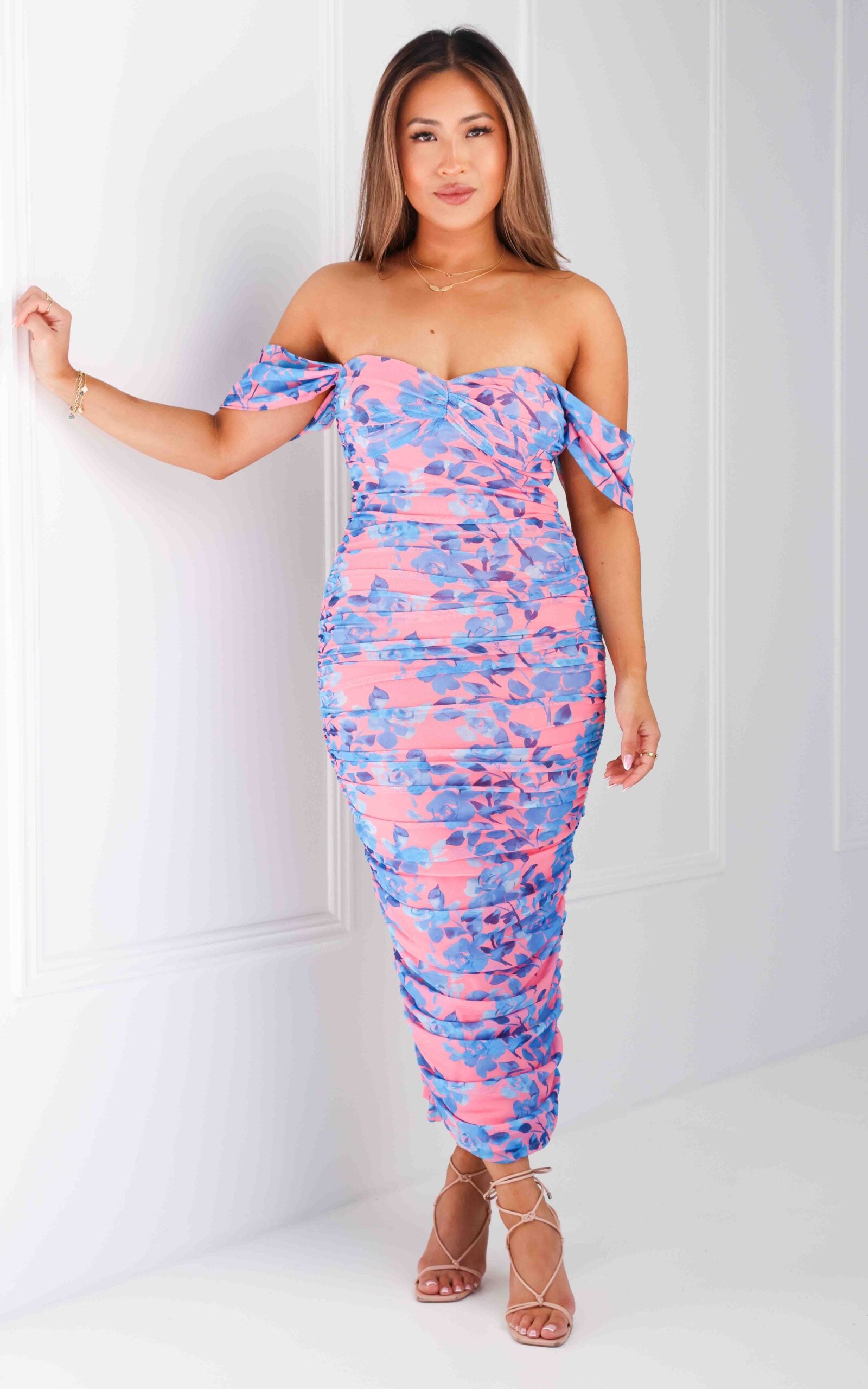 JALVINA OFF SHOULDER SWEETHEART RUCHED MESH BODYCON MIDI DRESS - PINK BLUE FLORAL By Amica JALVINA OFF SHOULDER SWEETHEART RUCHED MESH BODYCON MIDI DRESS - PINK BLUE FLORAL By Amica