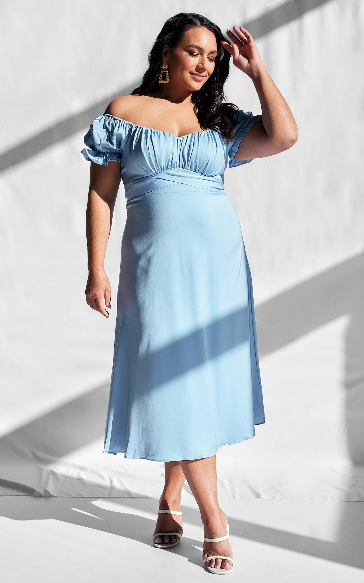 JOLENE SWEETHEART PUFF SLEEVE MIDI DRESS - DUSTY BLUE By Amica JOLENE SWEETHEART PUFF SLEEVE MIDI DRESS - DUSTY BLUE By Amica