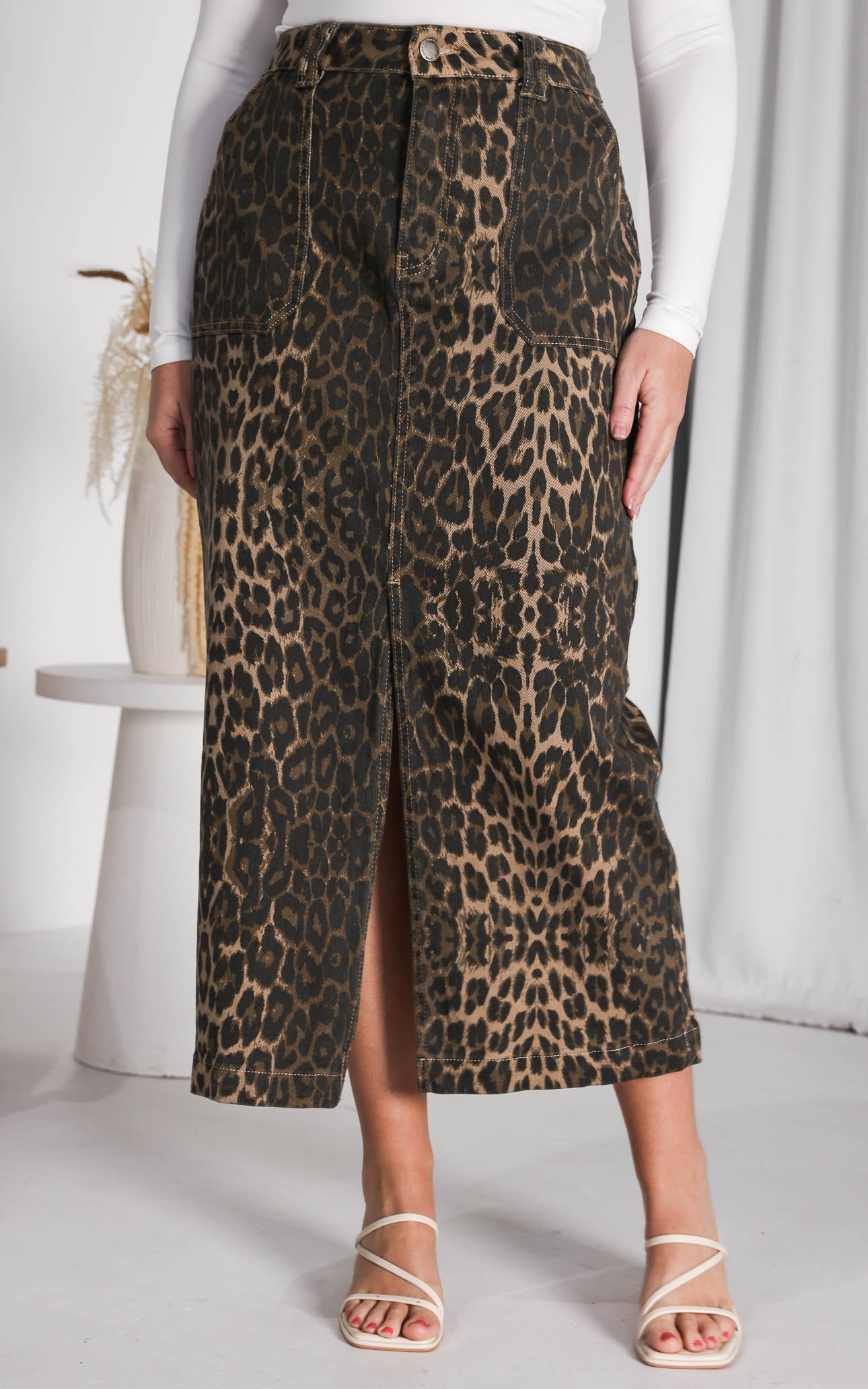 Animal Chain Print Denim Tacked Maxi Skirt In Black Gold