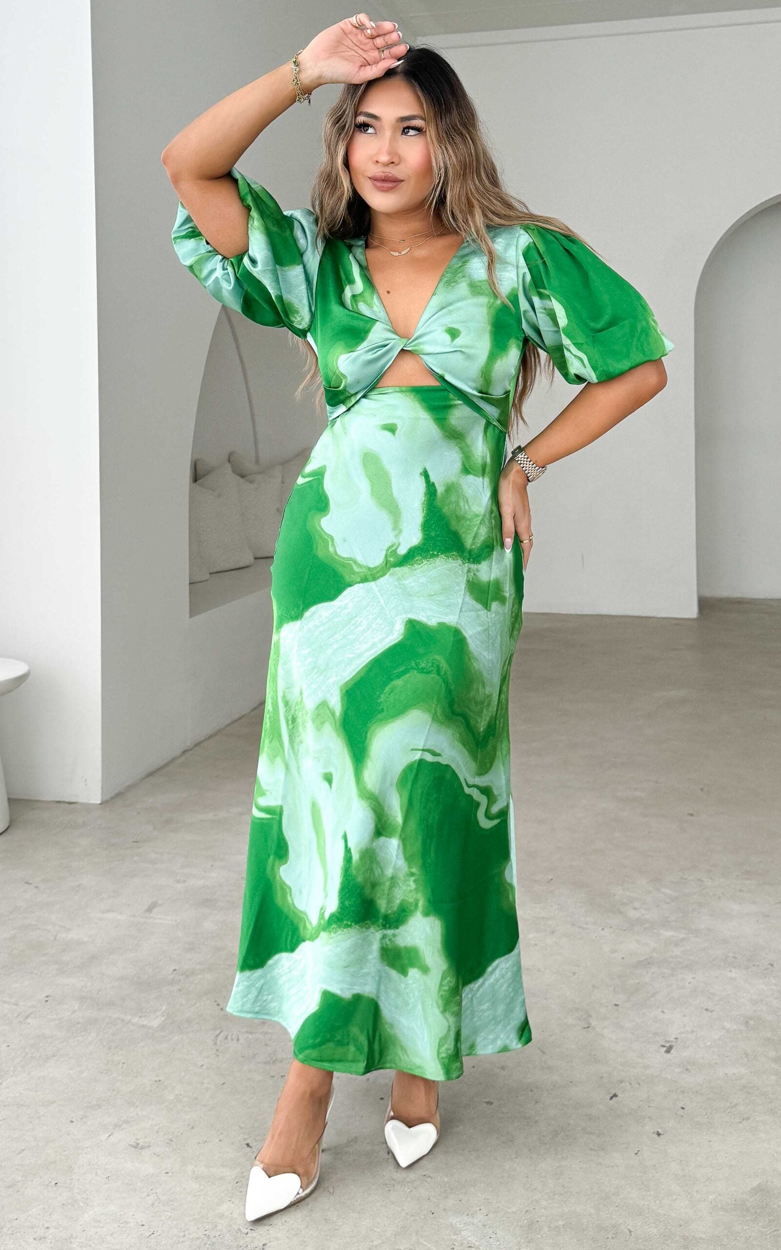 KAMALA V TWIST CUT OUT PUFF SLEEVE MAXI DRESS - GREEN PRINT By Amica KAMALA V TWIST CUT OUT PUFF SLEEVE MAXI DRESS - GREEN PRINT By Amica