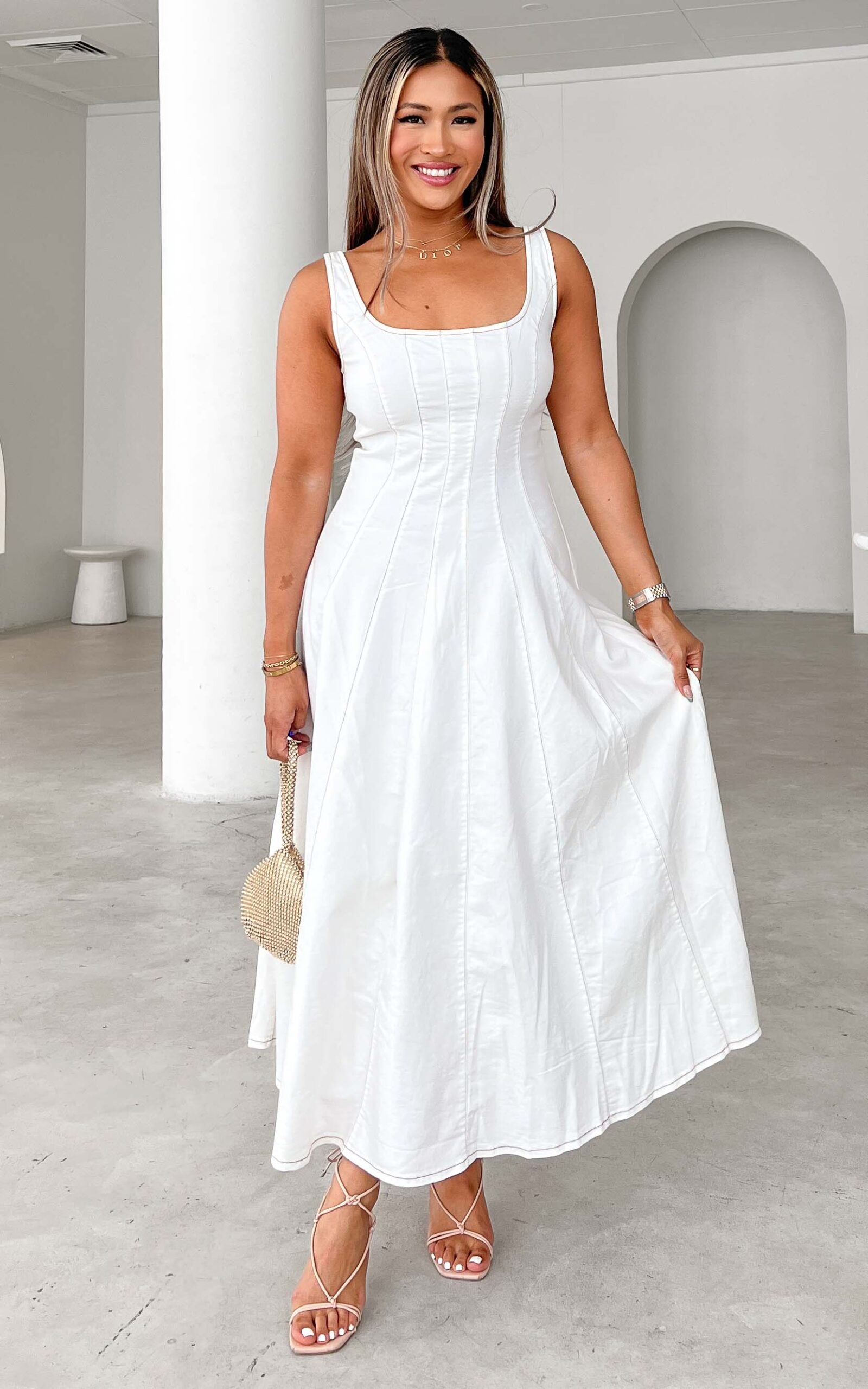 white denim midi dress Everly Crossback Midi Dress