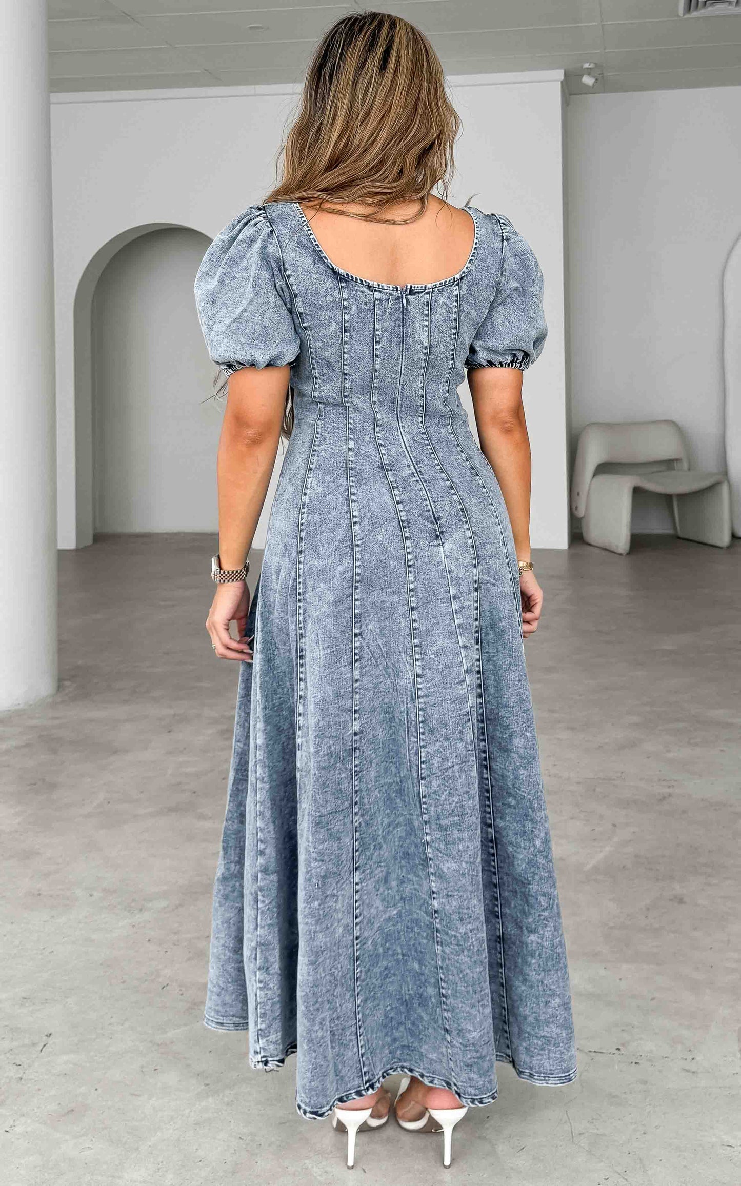 Kartford Puff Sleeve Denim Maxi Dress - Blue
