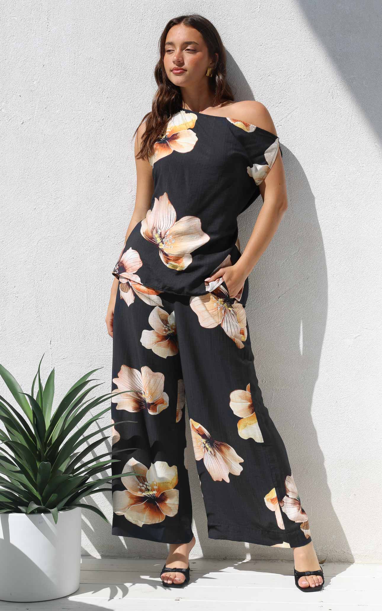 Saffron Wide Leg Pants - Black Floral