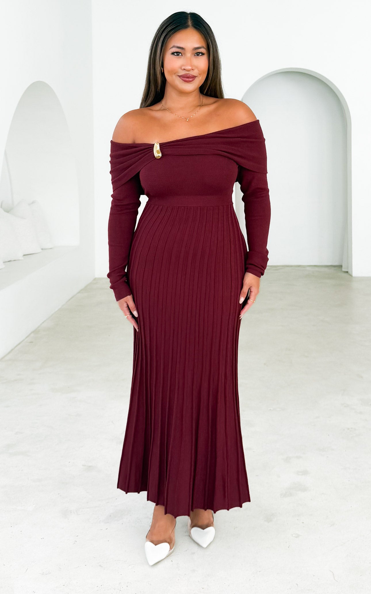 wine knitted dress Kimmy Wine Rib Knit Button Detail Midi Dress