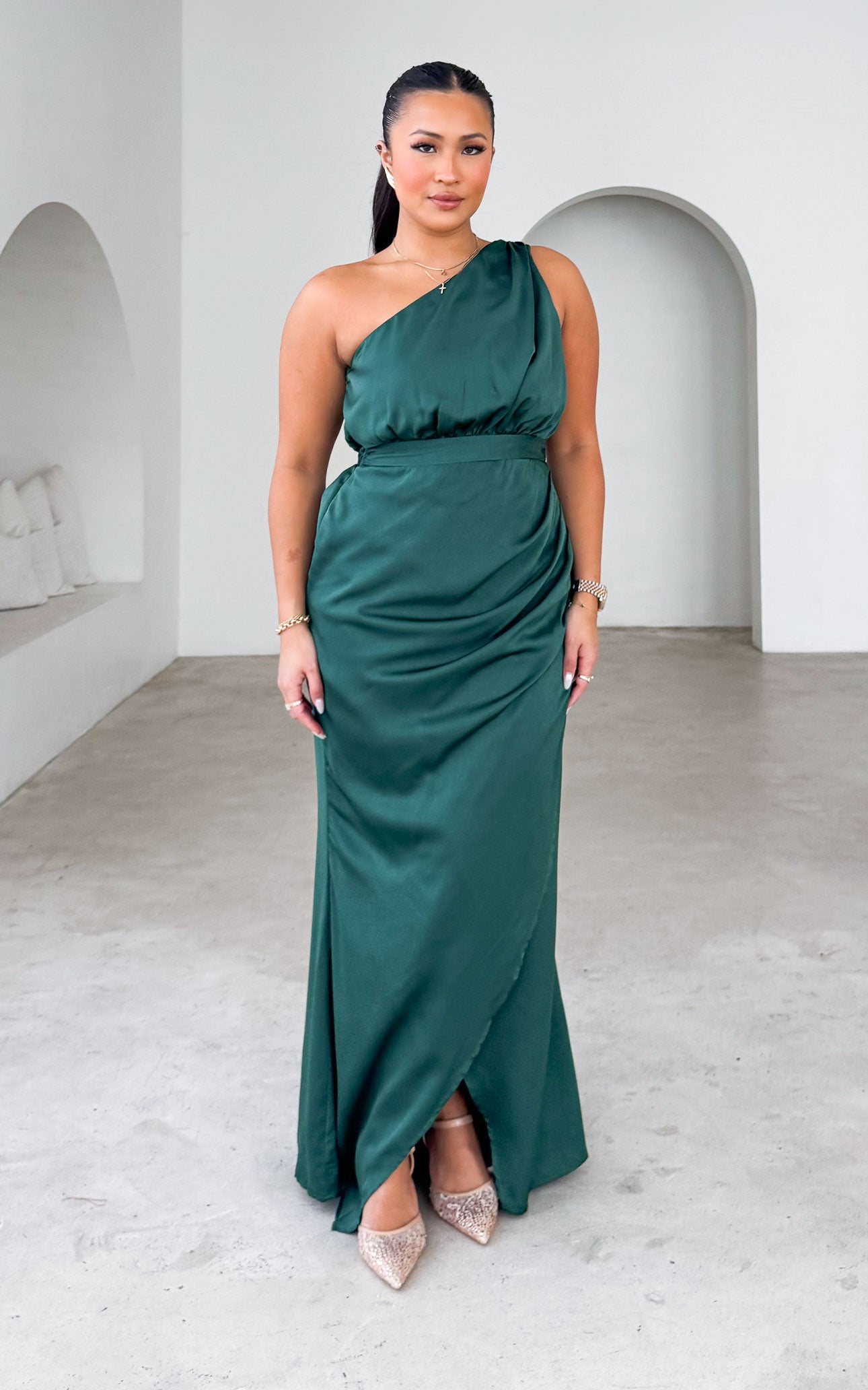 MACPHERSON ONE SHOULDER PLEAT DETAIL MAXI DRESS - TEAL GREEN  By Amica