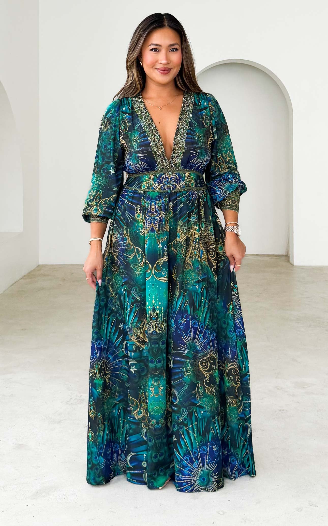 peacock maxi dress Mayura Gem Embellished Maxi Dress