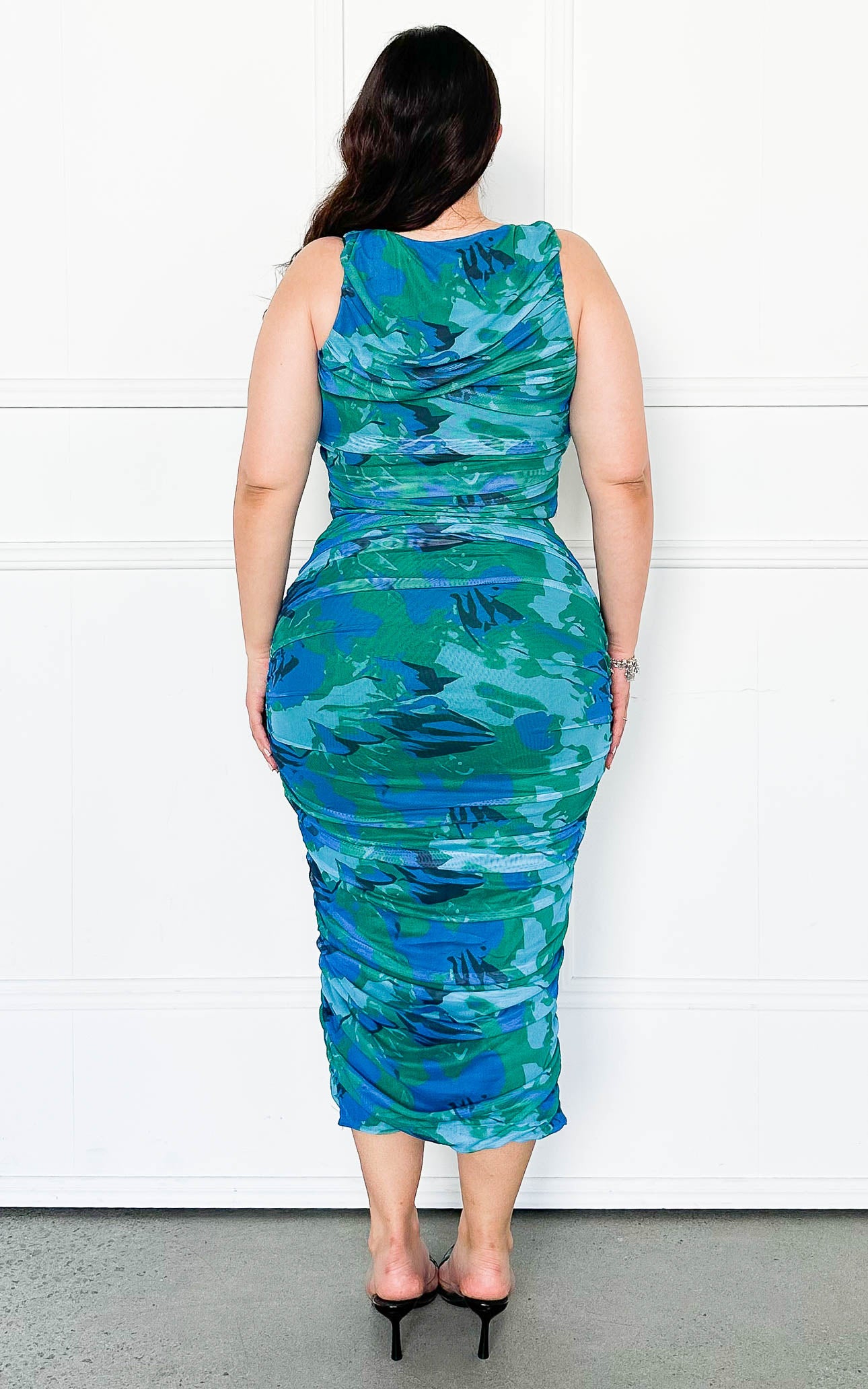 Melody Mesh Midi Skirt - Green Blue Print