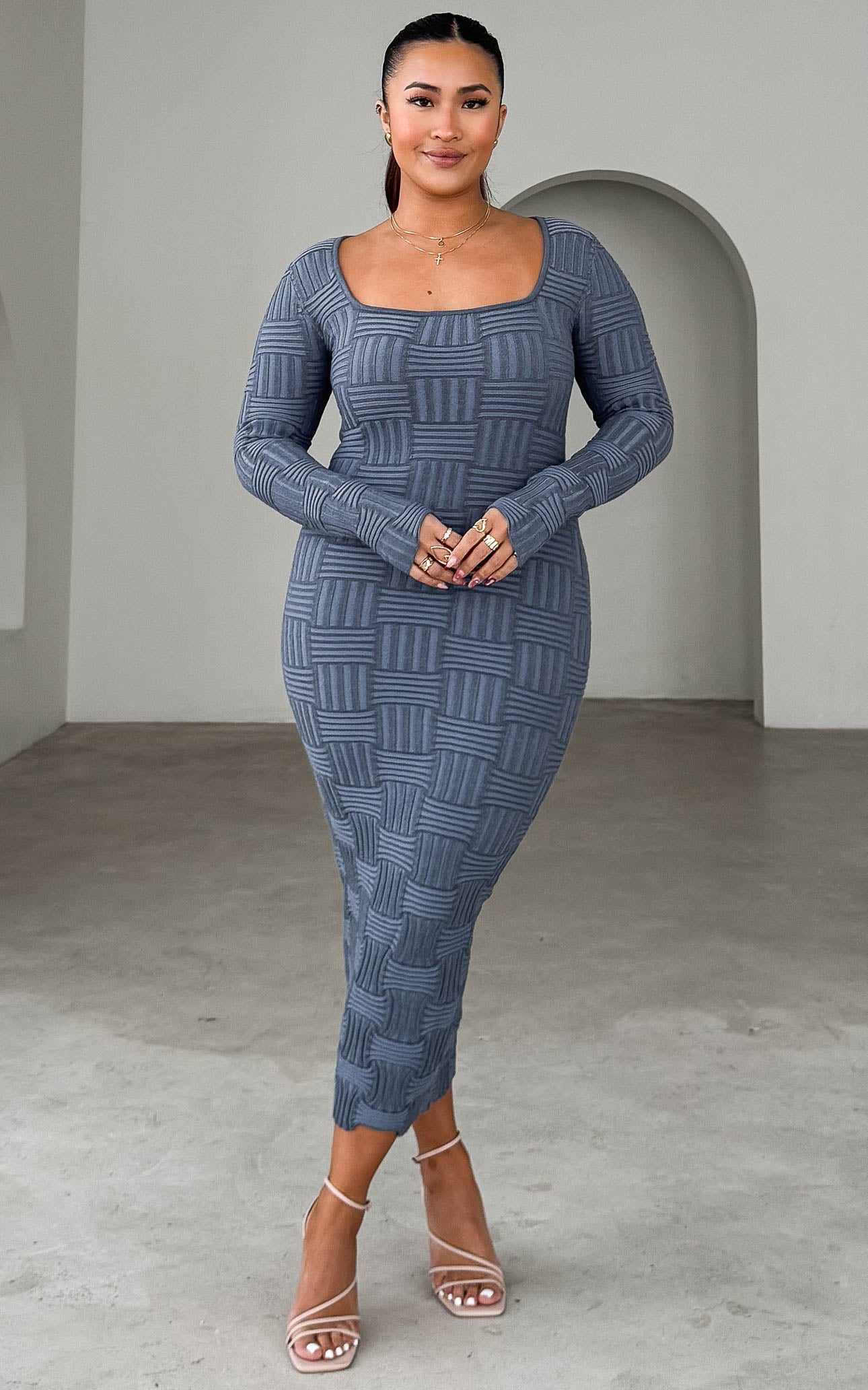 MIYA SQUARE NECK LONG SLEEVE TEXTURED PATTERN BODYCON KNIT MIDI DRESS - BLUE MARLE By Amica MIYA SQUARE NECK LONG SLEEVE TEXTURED PATTERN BODYCON KNIT MIDI DRESS - BLUE MARLE By Amica