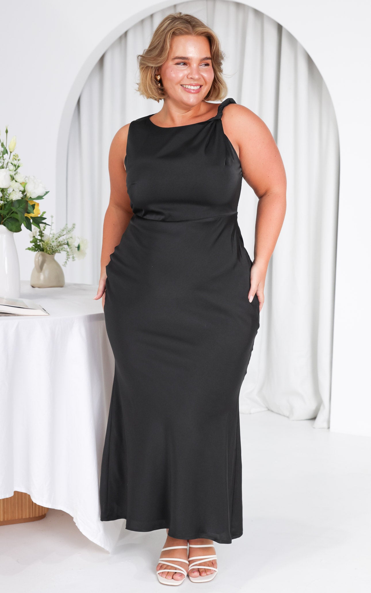black twisted asymmetric maxi dress Women's Black Basic Knit Asymmetric Twist Sleeve Maxi Dress