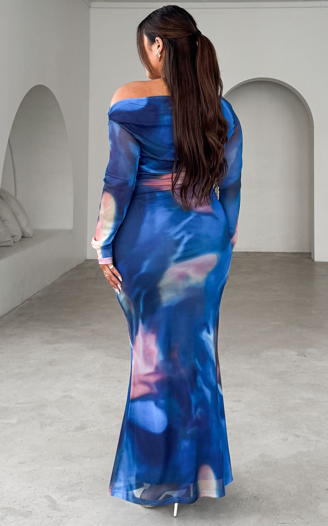 Mercaddo Mesh Maxi Dress - Blue Multi Abstract Print