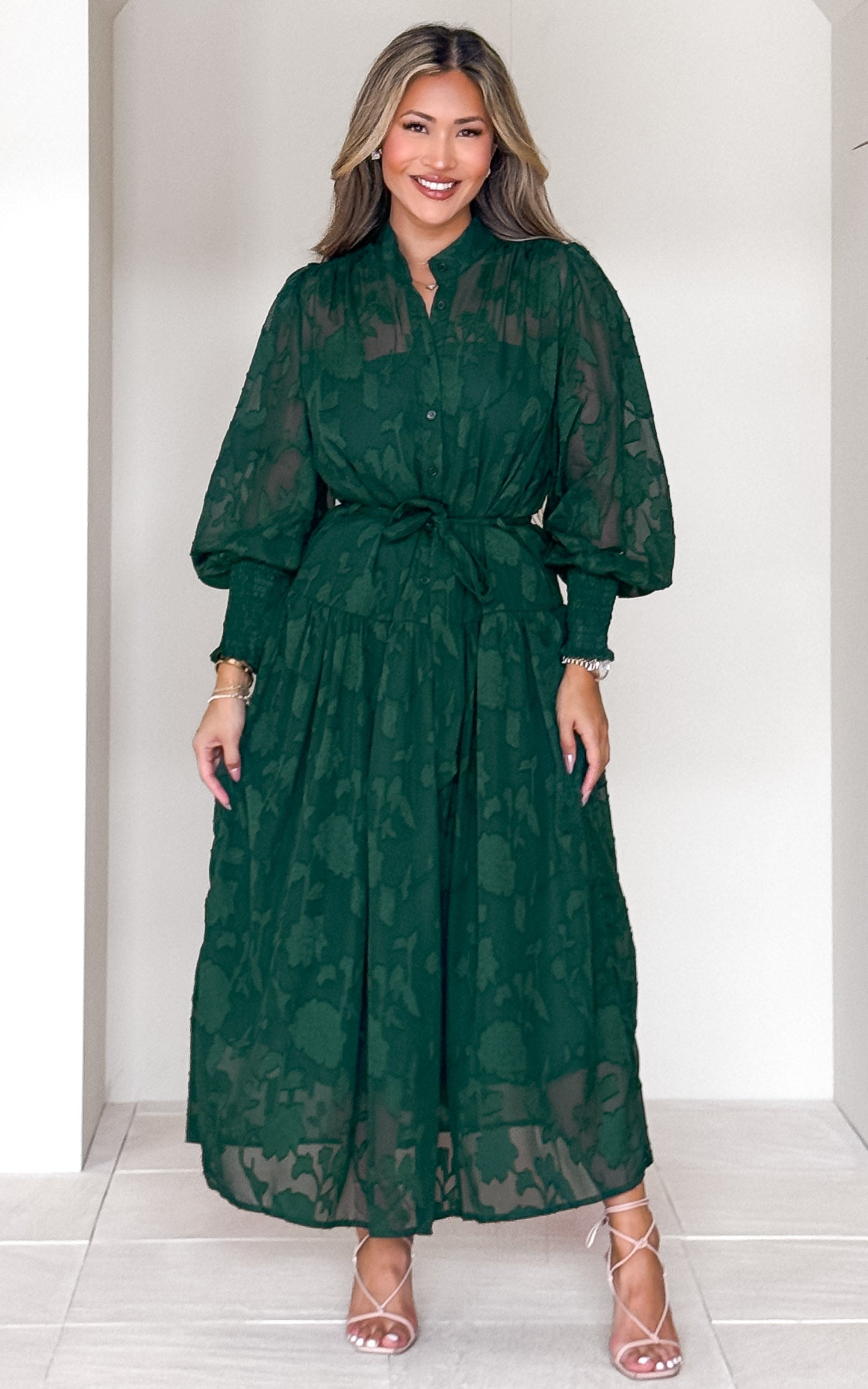 PAULA BUTTON FRONT LONG BALLOON SLEEVE SHIRRED CUFF MAXI DRESS - GREEN EMERALD FLORAL TEXTURE By Amica PAULA BUTTON FRONT LONG BALLOON SLEEVE SHIRRED CUFF MAXI DRESS - GREEN EMERALD FLORAL TEXTURE By Amica