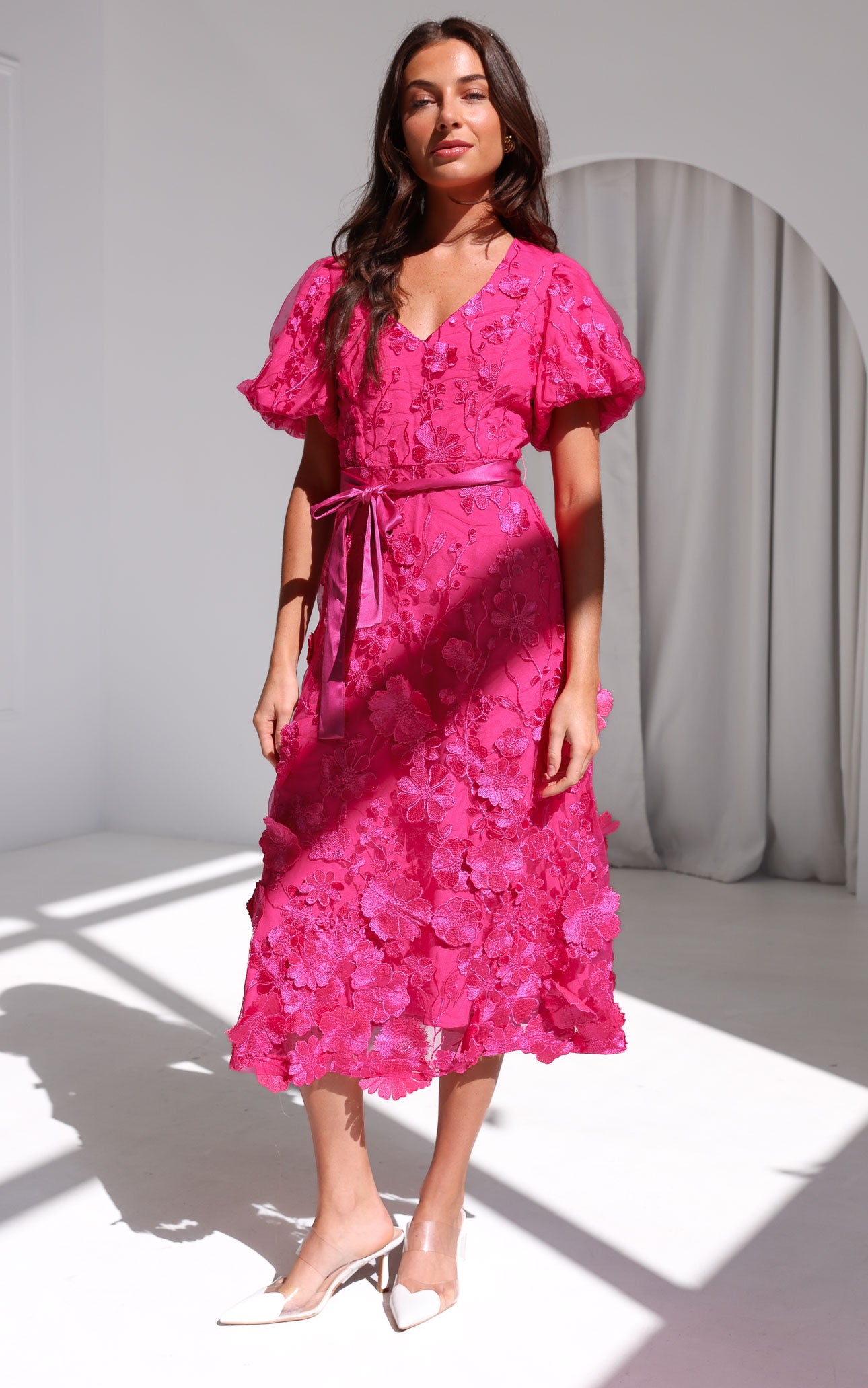 hot pink lace midi dress Women's Plus Lace Midi Dress With Puff Sleeve, Hot Pink
