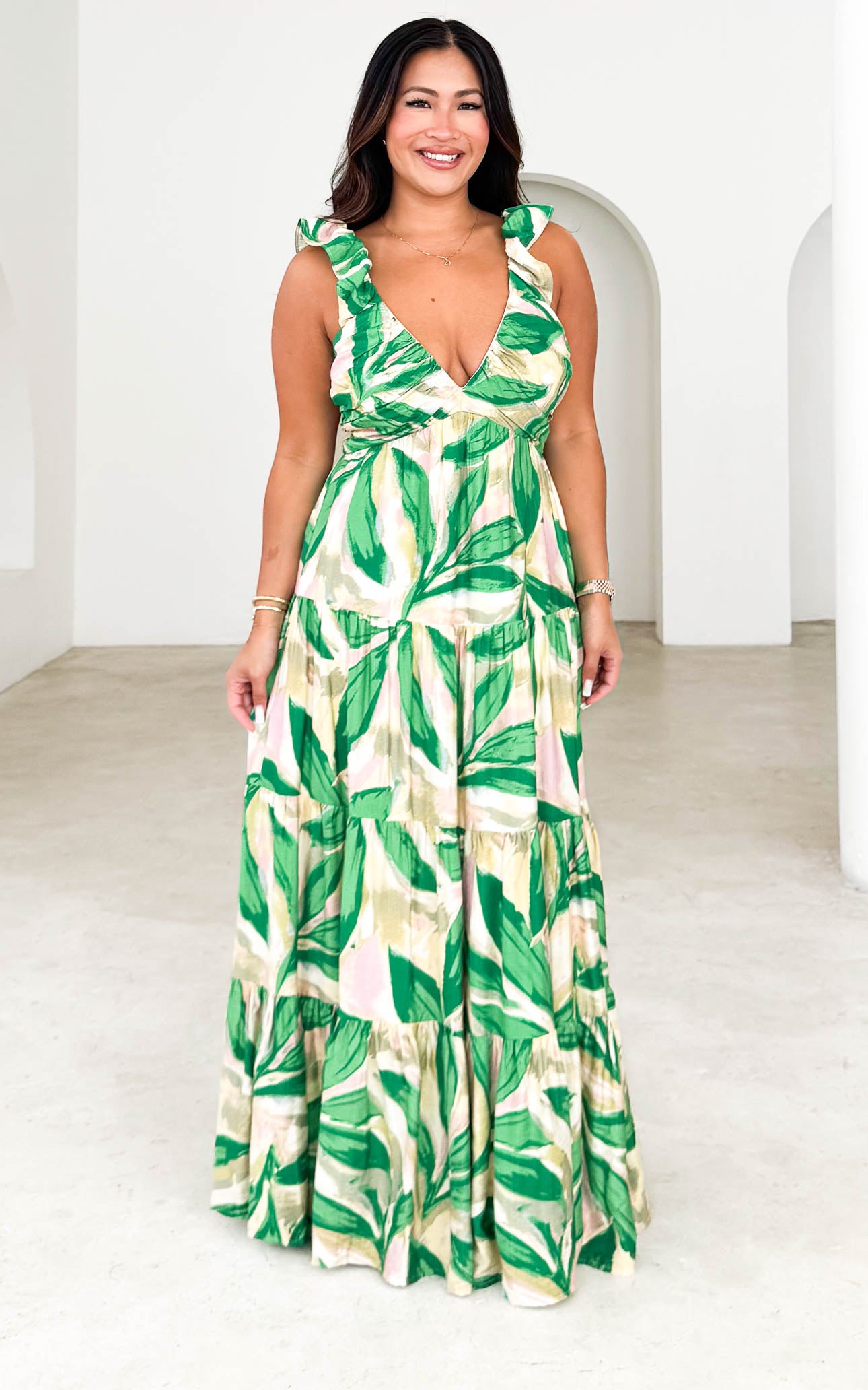 POLLY DEEP V NECK FRILL AND RUCHING DETAIL TIER MAXI DRESS
