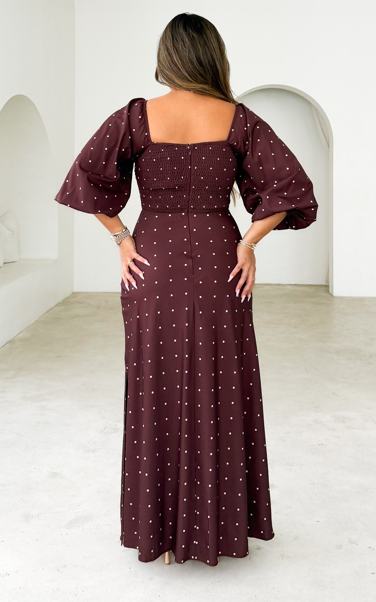 Priscilla Maxi Dress - Chocolate Brown Cream Diamond
